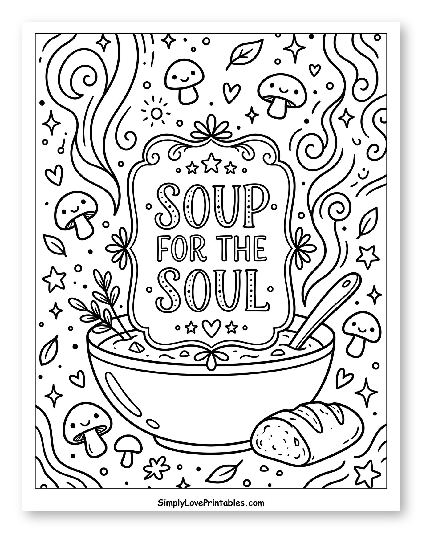 Cozy Soup for the Soul with Smiling Mushrooms to Color for Adults