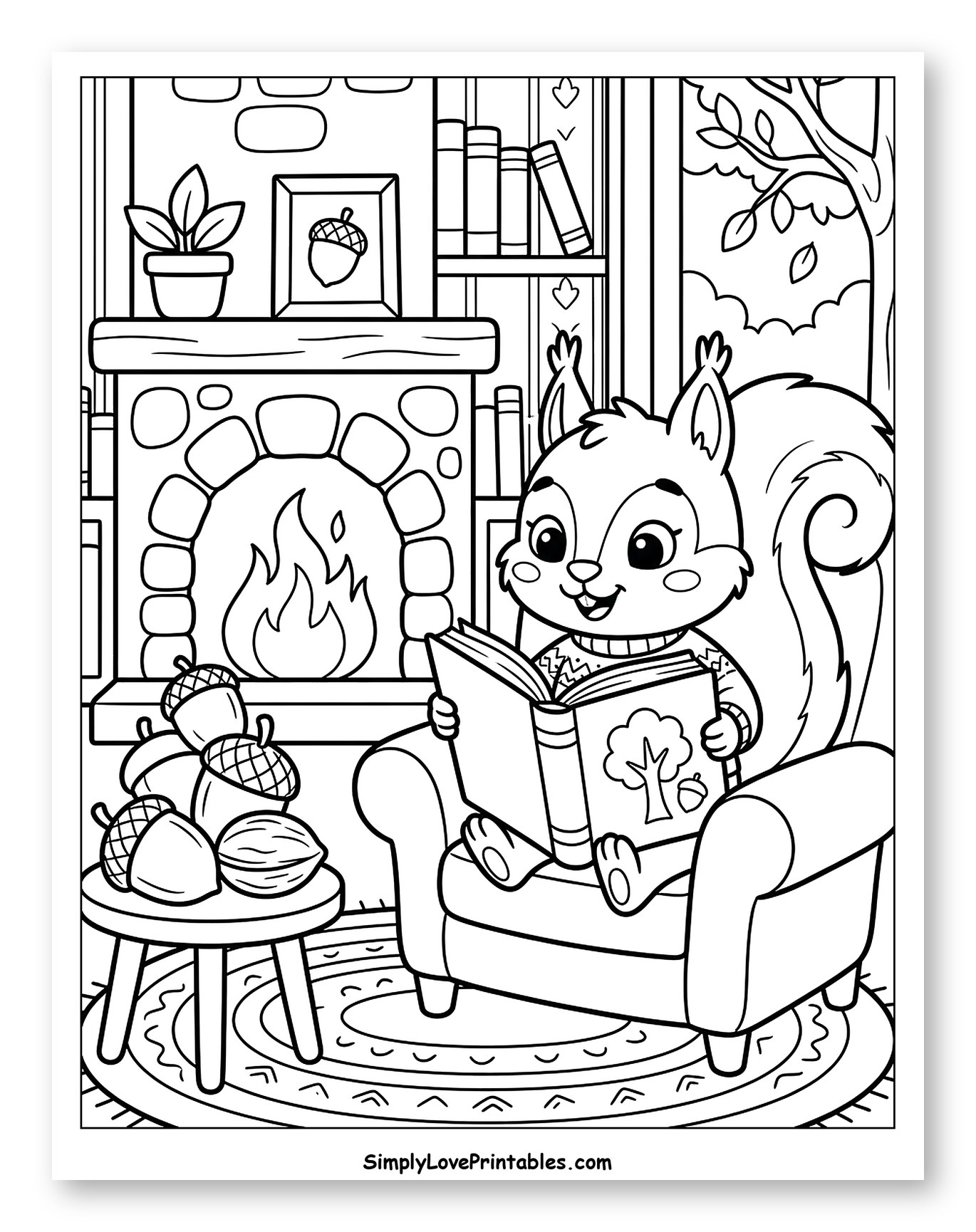 Cozy Squirrel Reading by Fireplace with Nuts