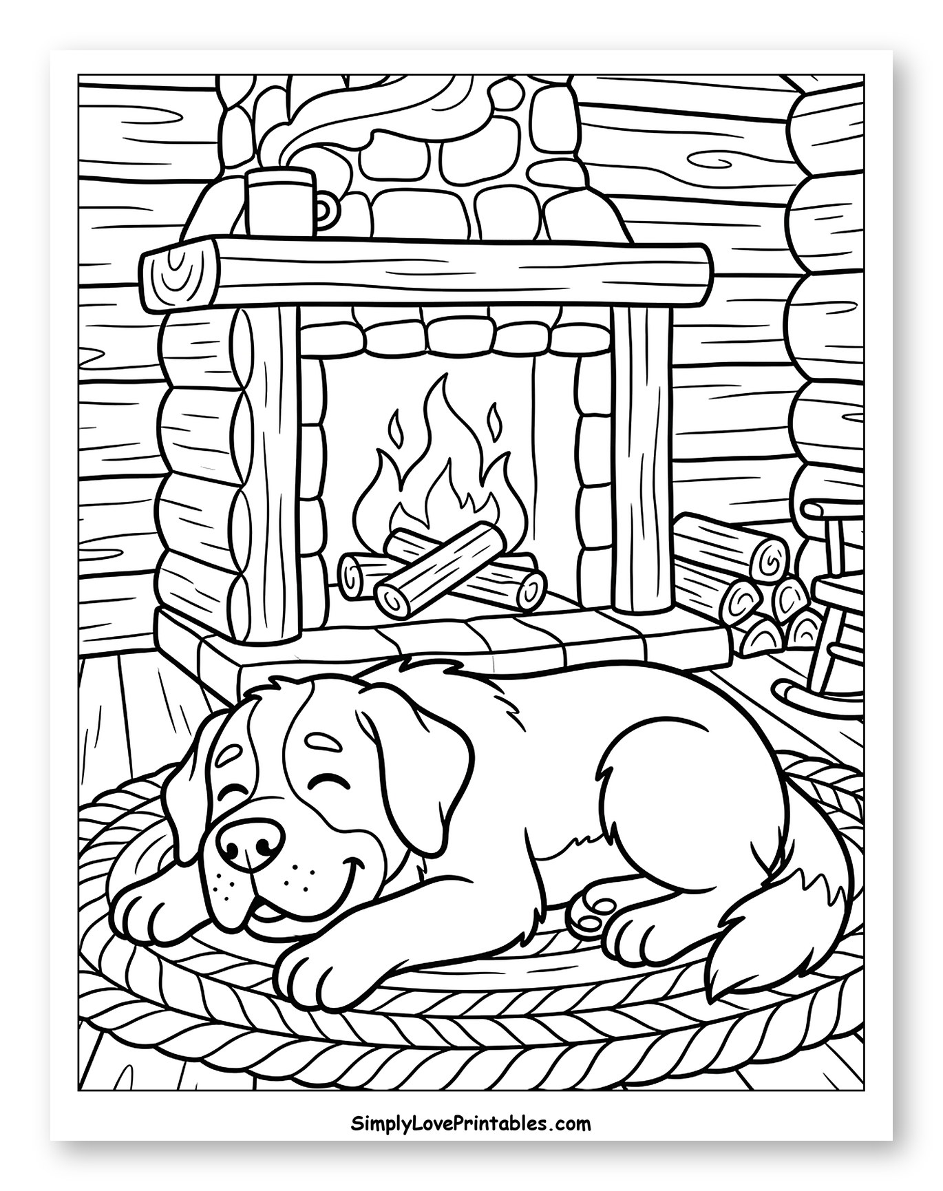 Cozy St. Bernard Dog by Fireplace Coloring Sheet for Kids