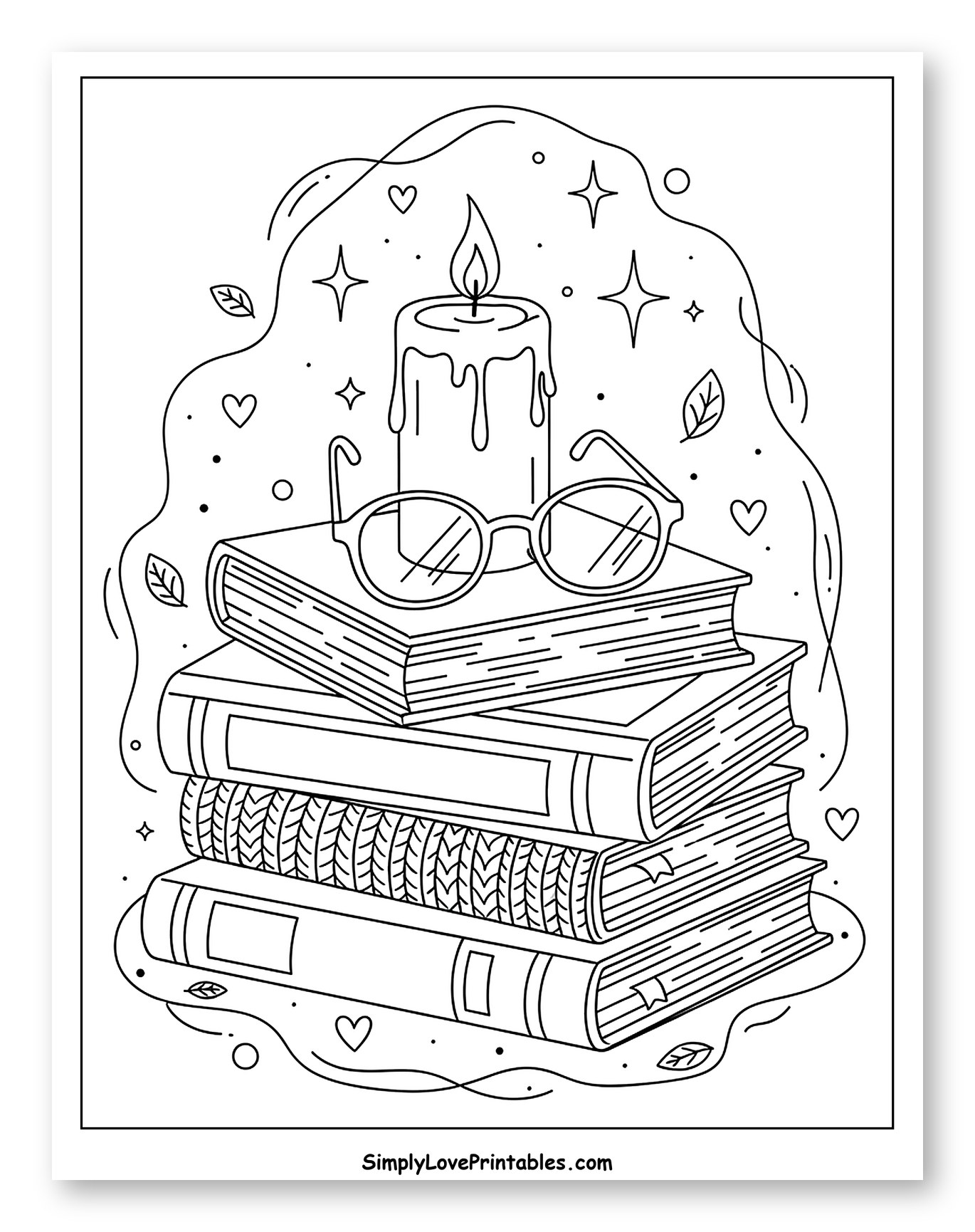 Cozy Stack of Books with Candle and Glasses Coloring Sheet for Adults