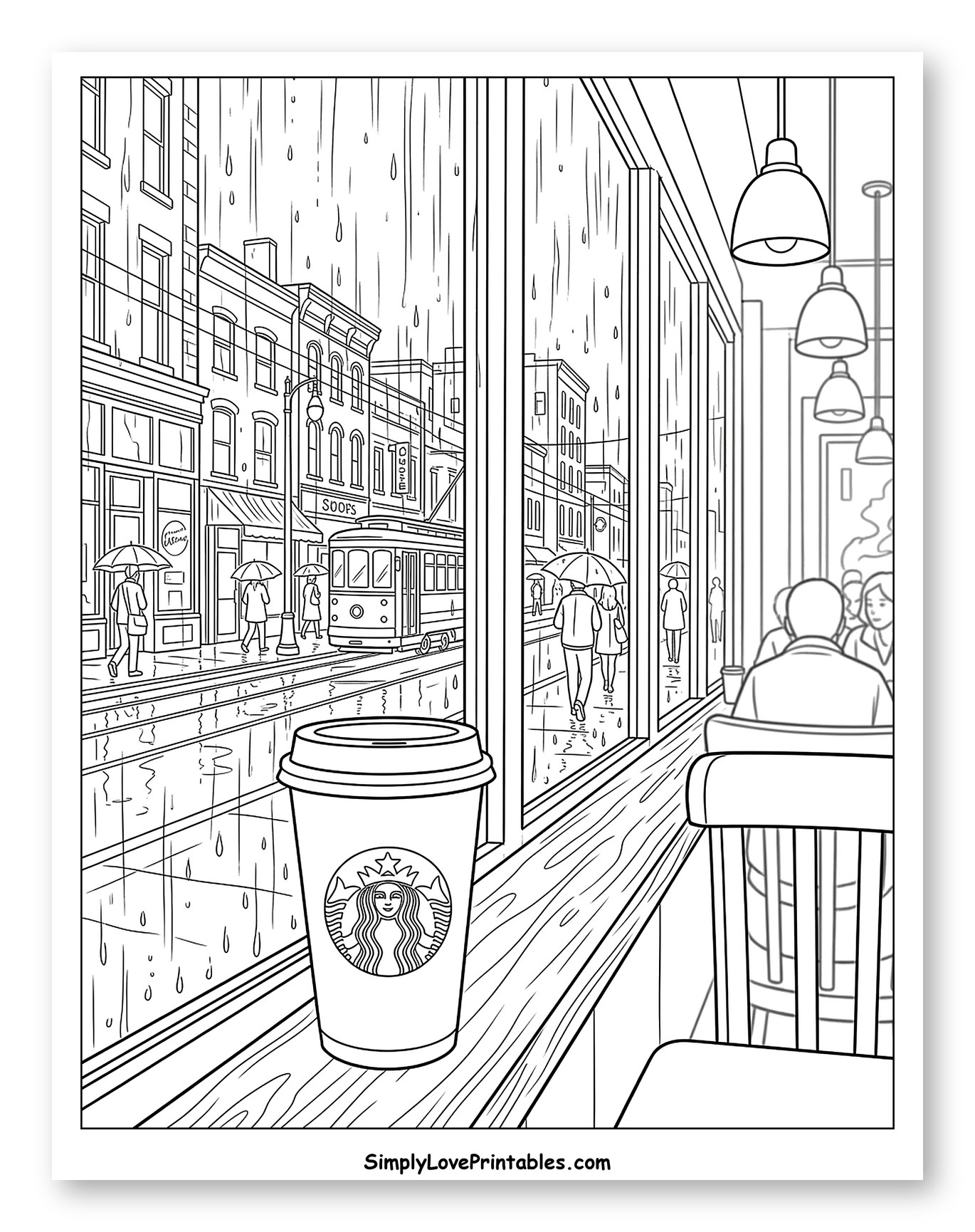 Cozy Starbucks View of Rainy City to Color