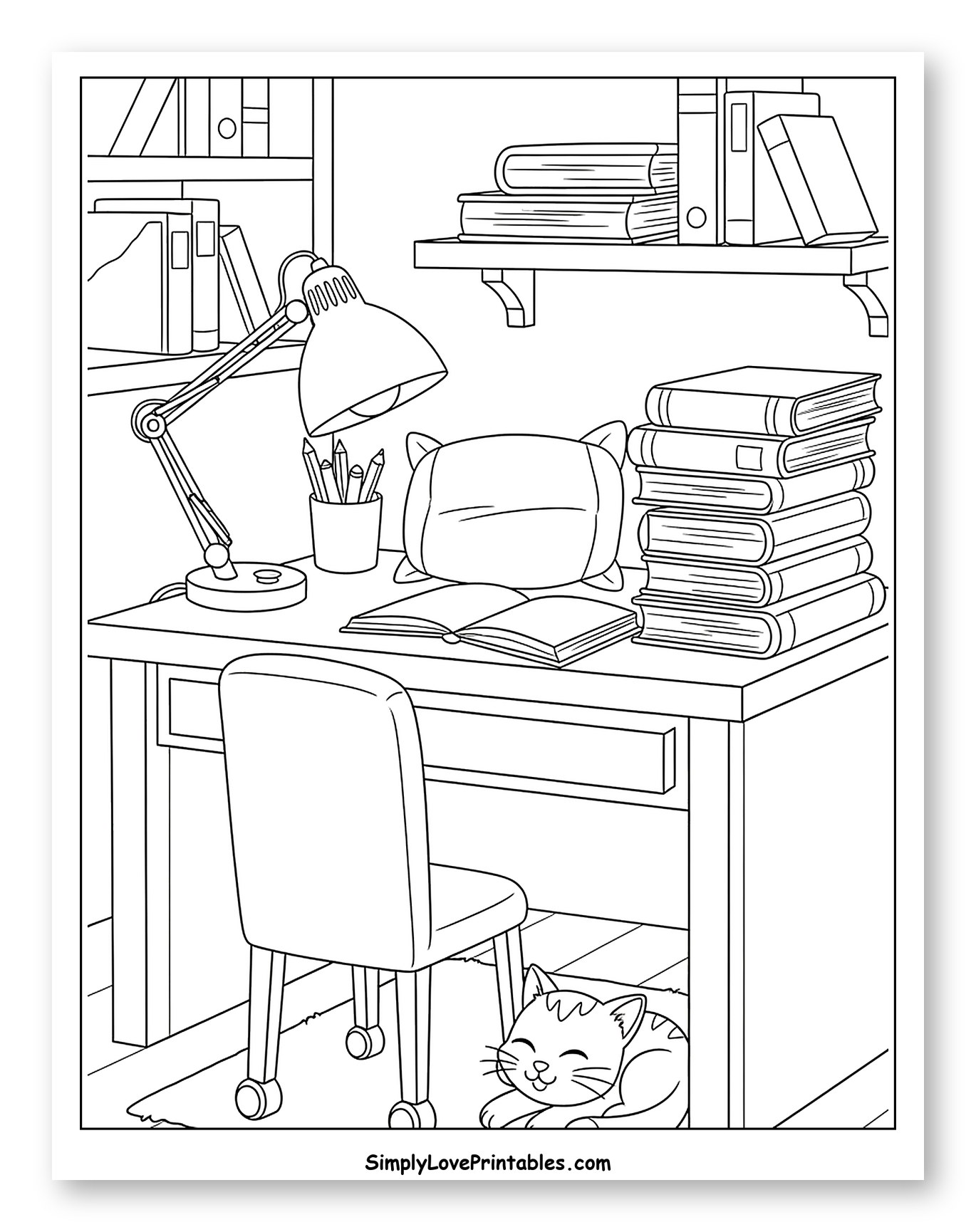 Cozy Study Desk with Books and Cat Coloring Page for Kids