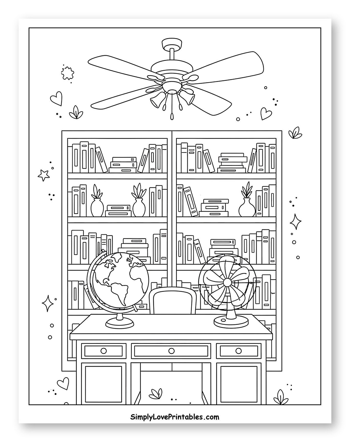 Cozy Study with Bookshelves and Fans Coloring Page for Adults