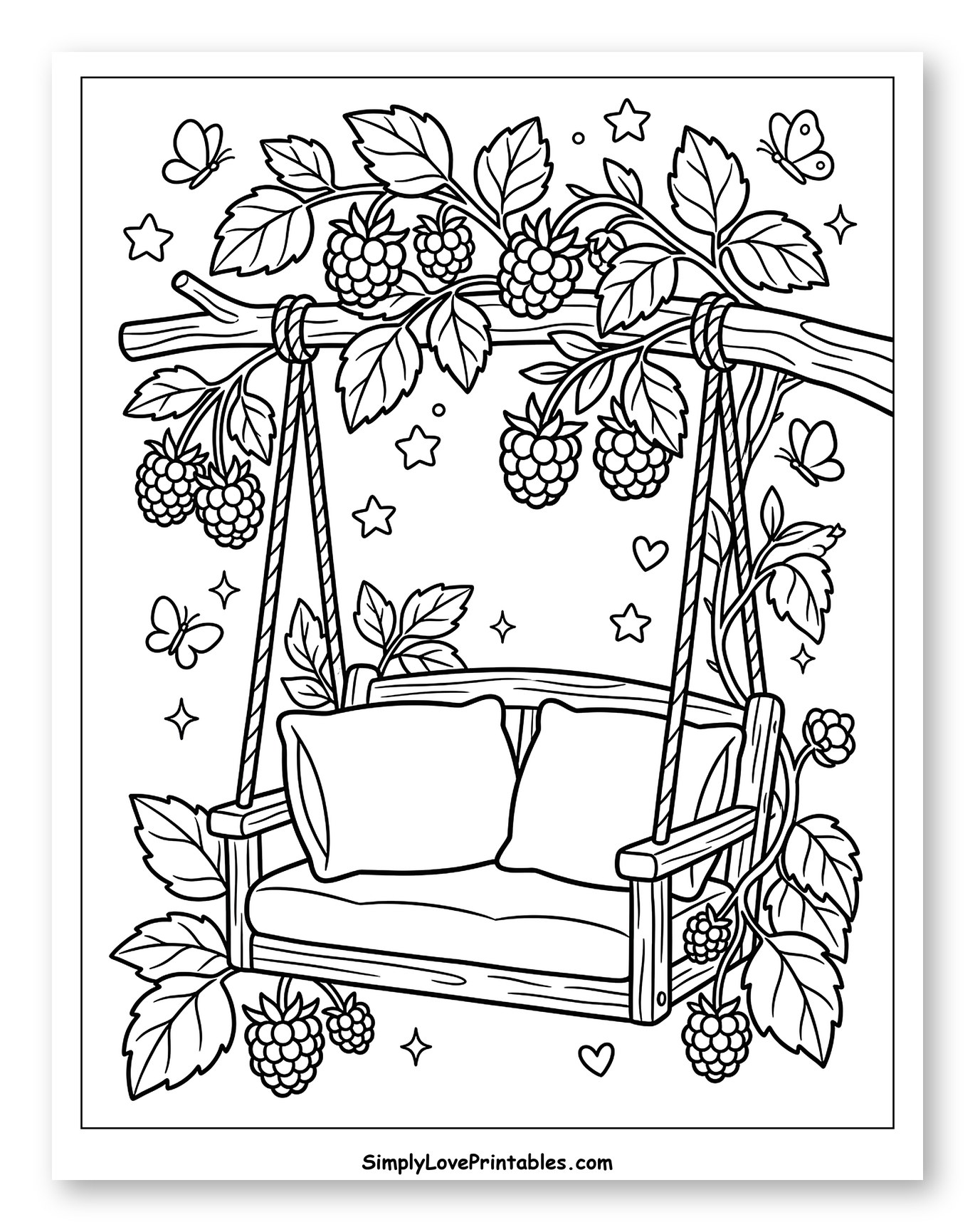 Cozy Swing Under Raspberry Branches Coloring Page for Adults