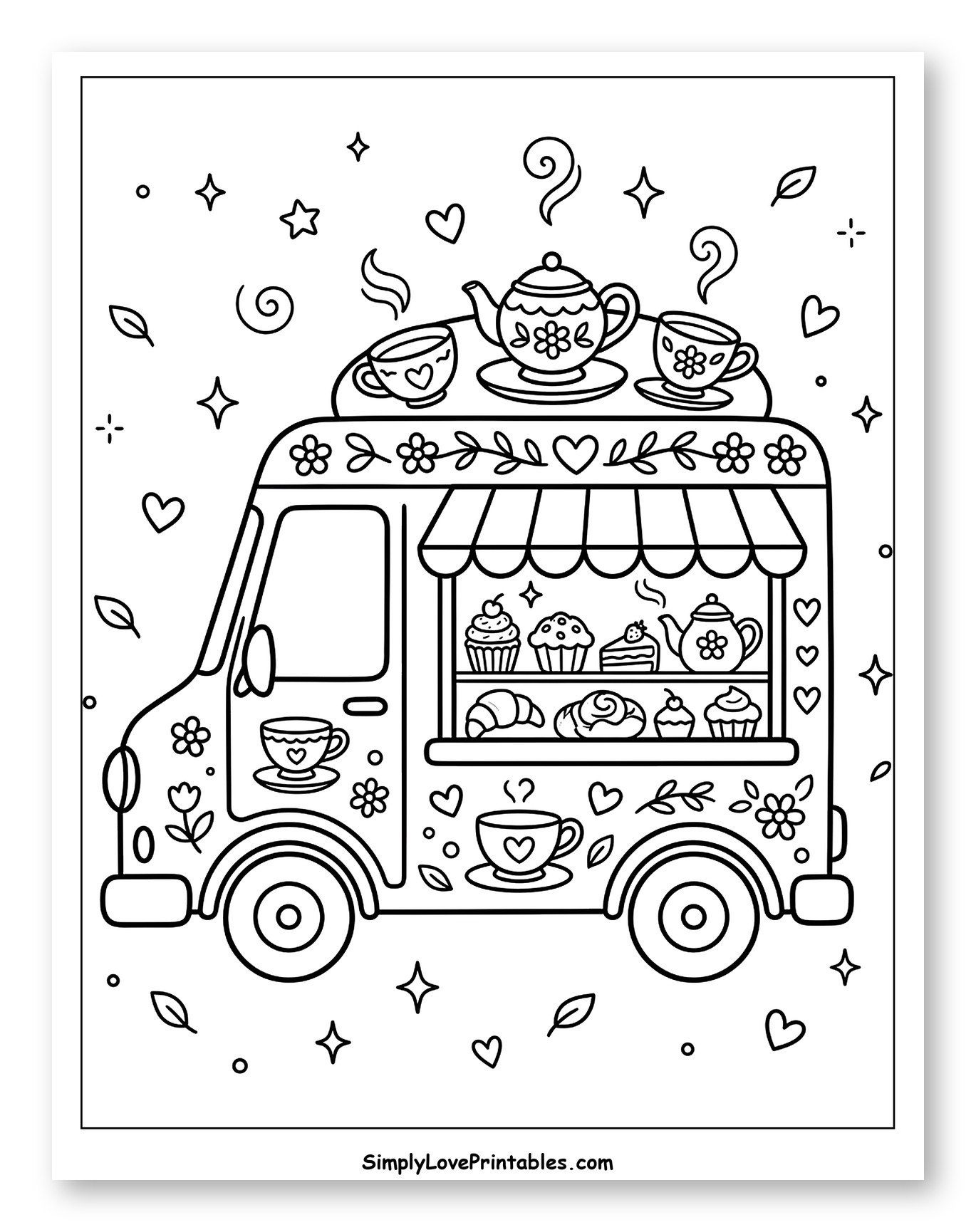 Cozy Tea and Bakery Food Truck Coloring Page for Adults