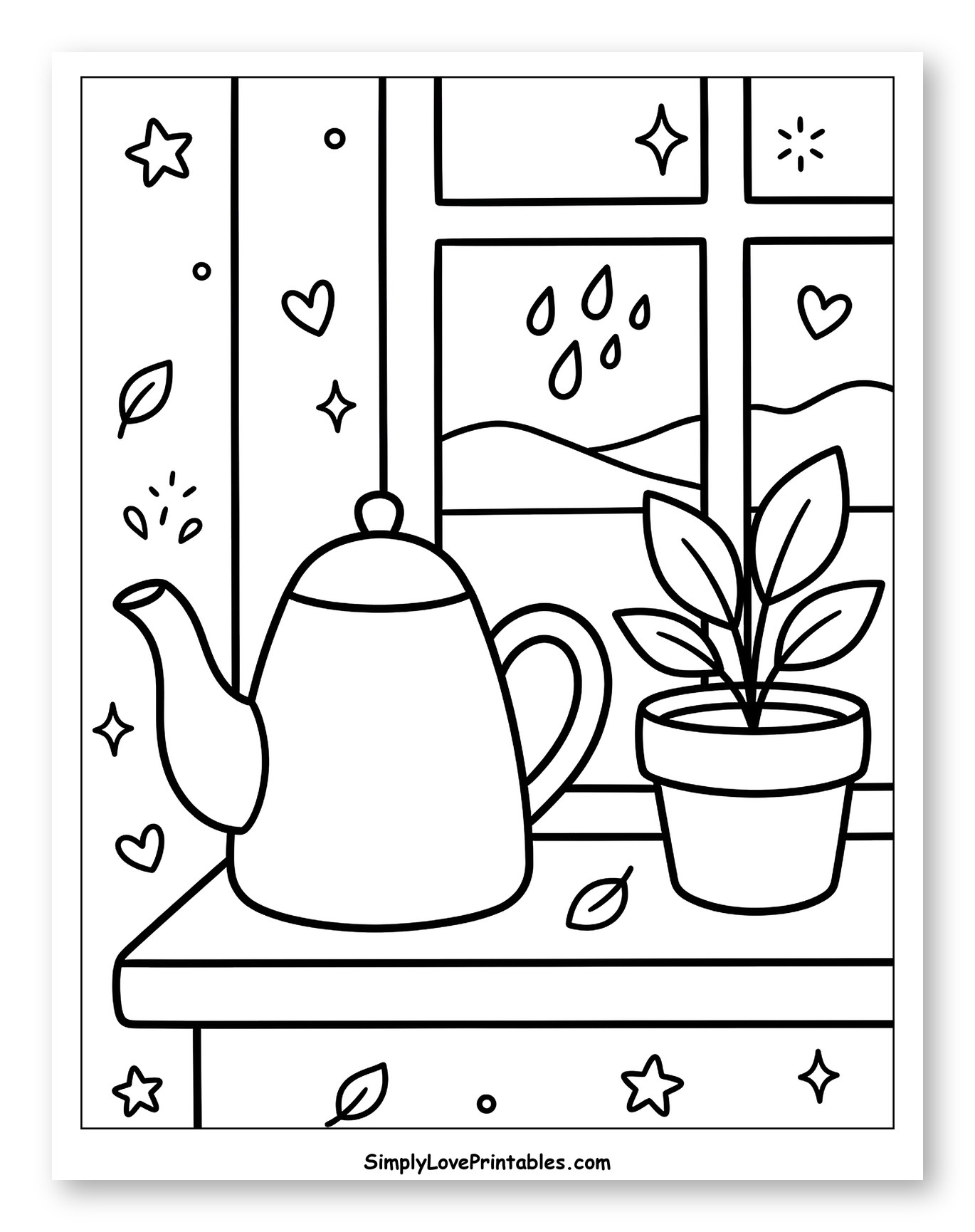 Cozy Teapot and Plant Window Scene Coloring Sheet for Adults
