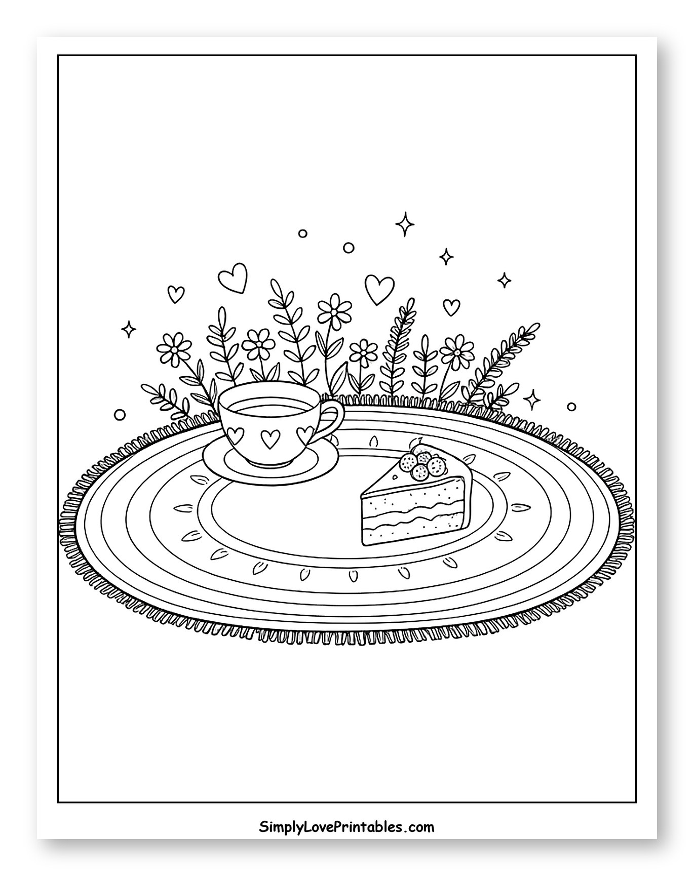 Cozy Teatime with Cake and Blossoms Coloring Sheet for Adults