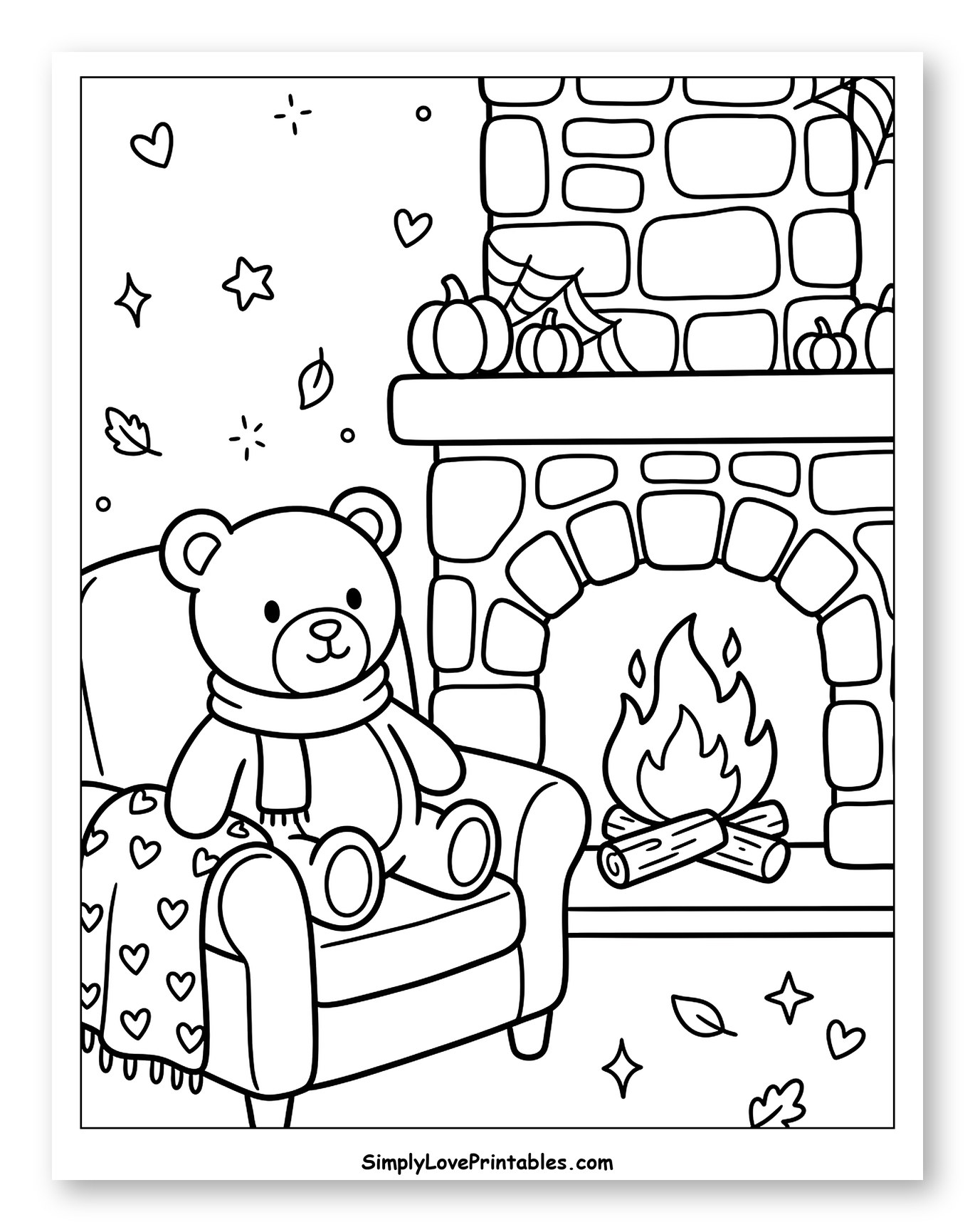 Cozy Teddy Bear by Halloween Fireplace