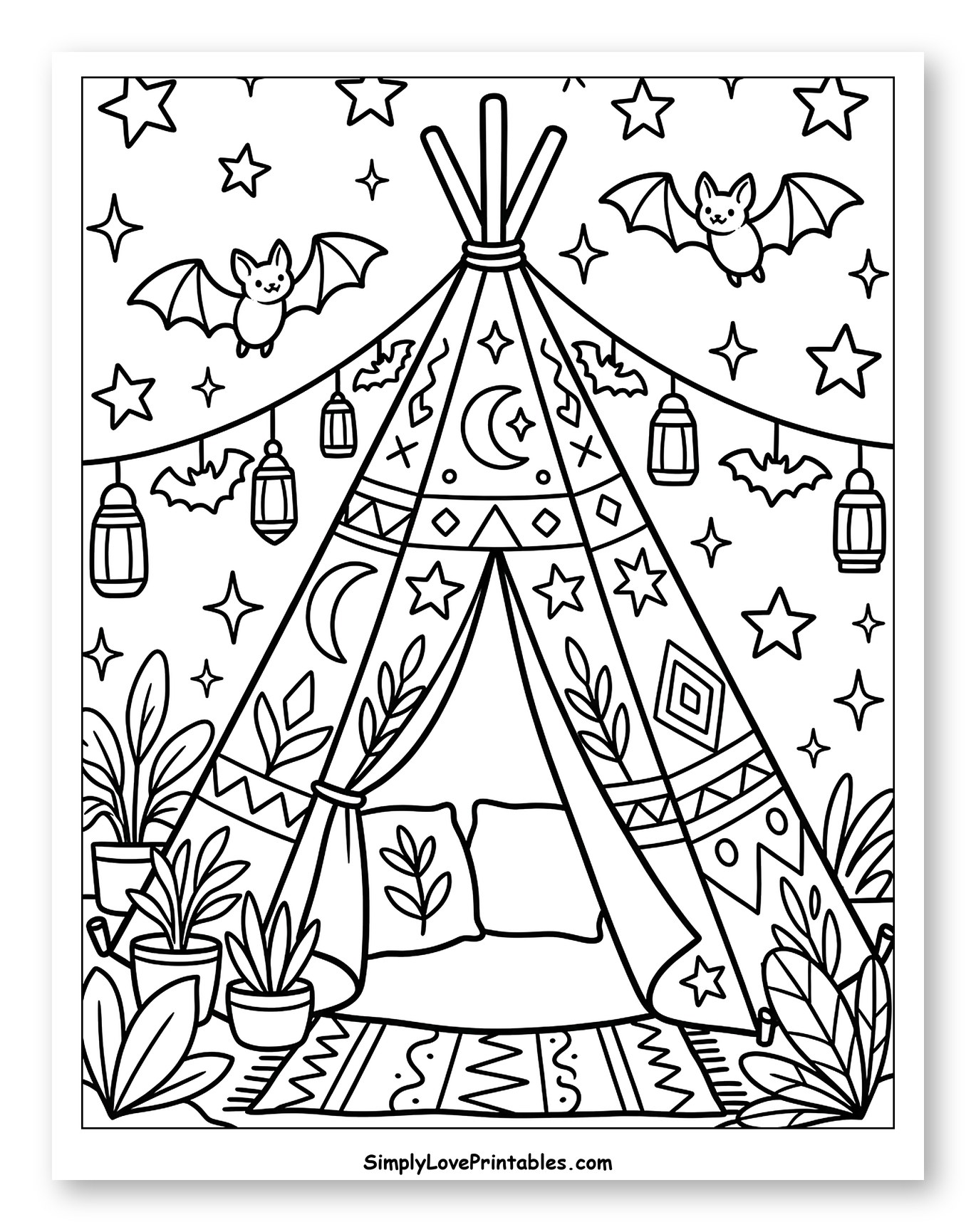 Cozy Teepee Tent with Halloween Decor Coloring Sheet for Adults