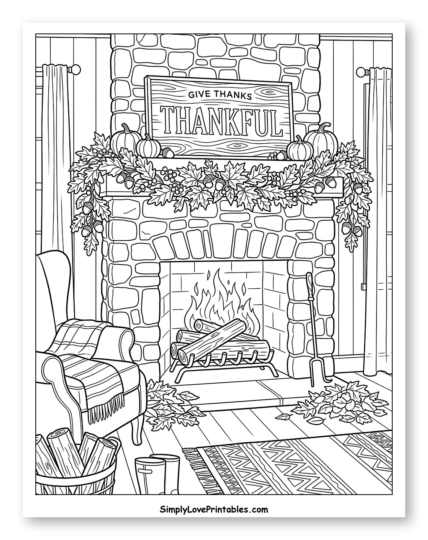 Cozy Thanksgiving Fireplace with Thankful Sign Coloring Sheet