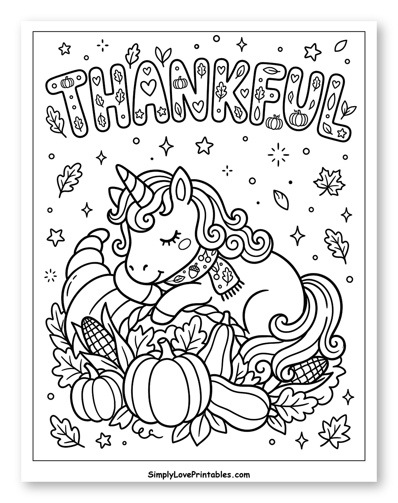 Cozy Thanksgiving Unicorn and Autumn Cornucopia to Color for Adults