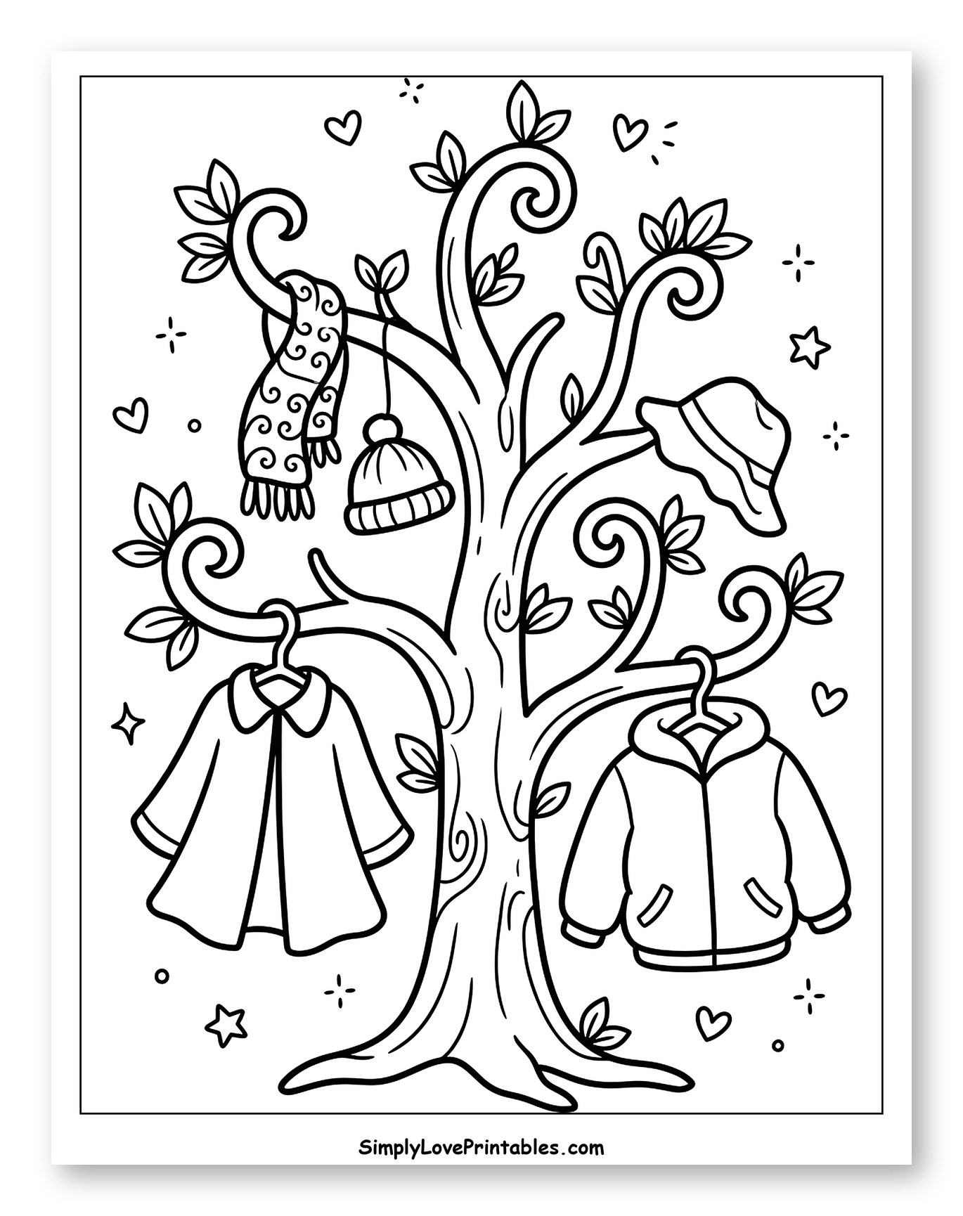 Cozy Tree with Hanging Coats and Accessories Coloring Sheet for Adults