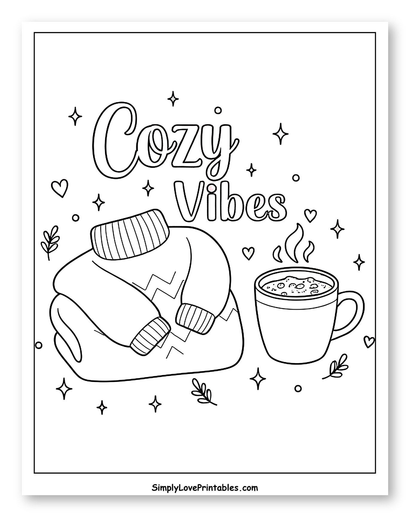 Cozy Vibes Sweater and Hot Cocoa Mug Coloring Sheet for Adults