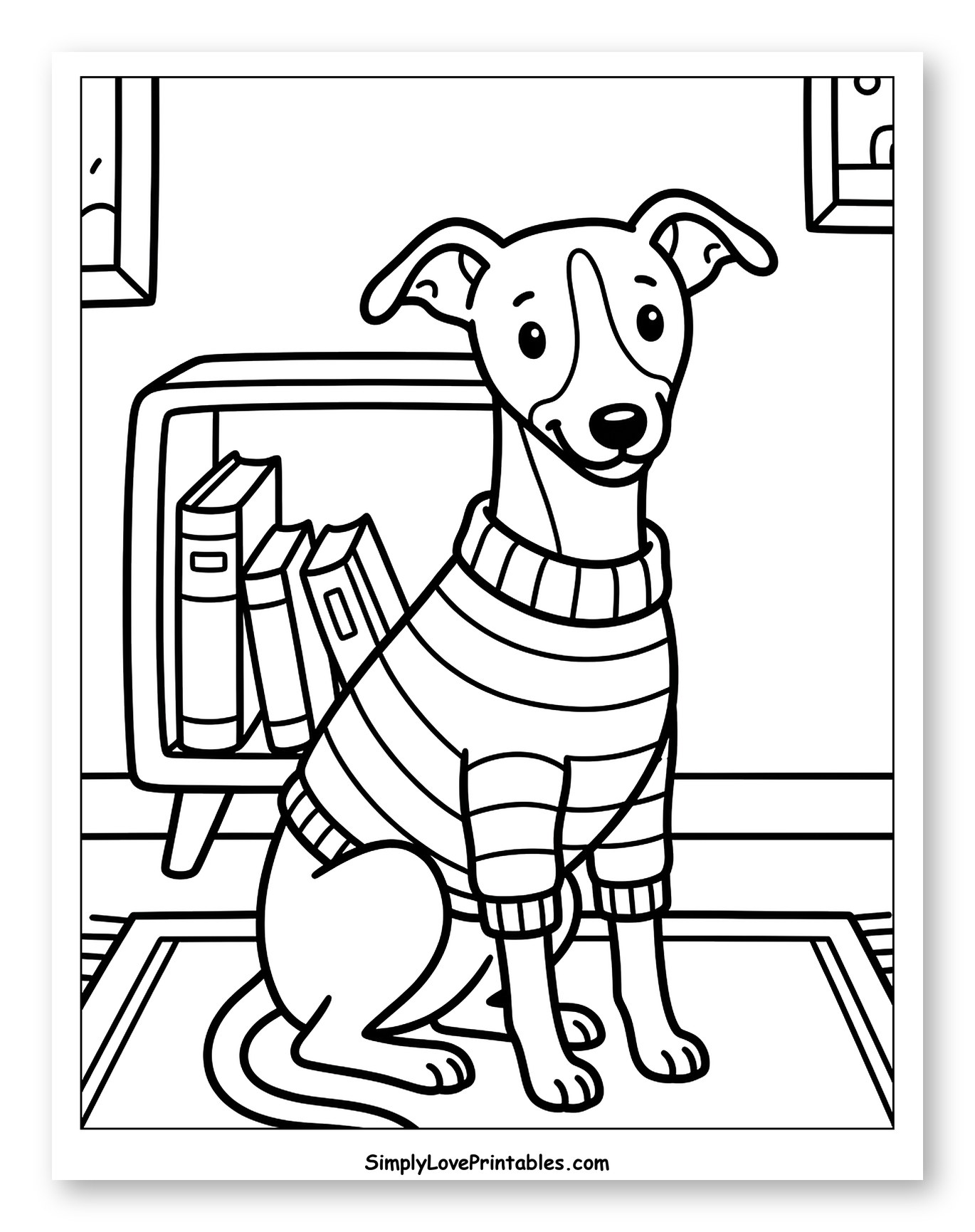 Cozy Whippet Dog Wearing Striped Sweater Indoors Coloring Page for Kids
