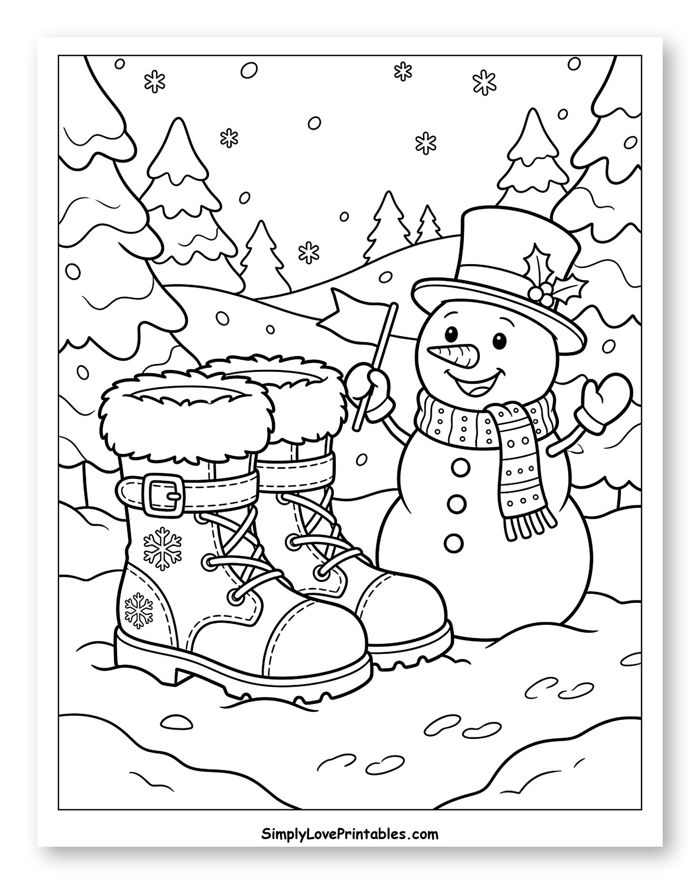 Cozy Winter Boots Beside a Happy Snowman to Color for Kids