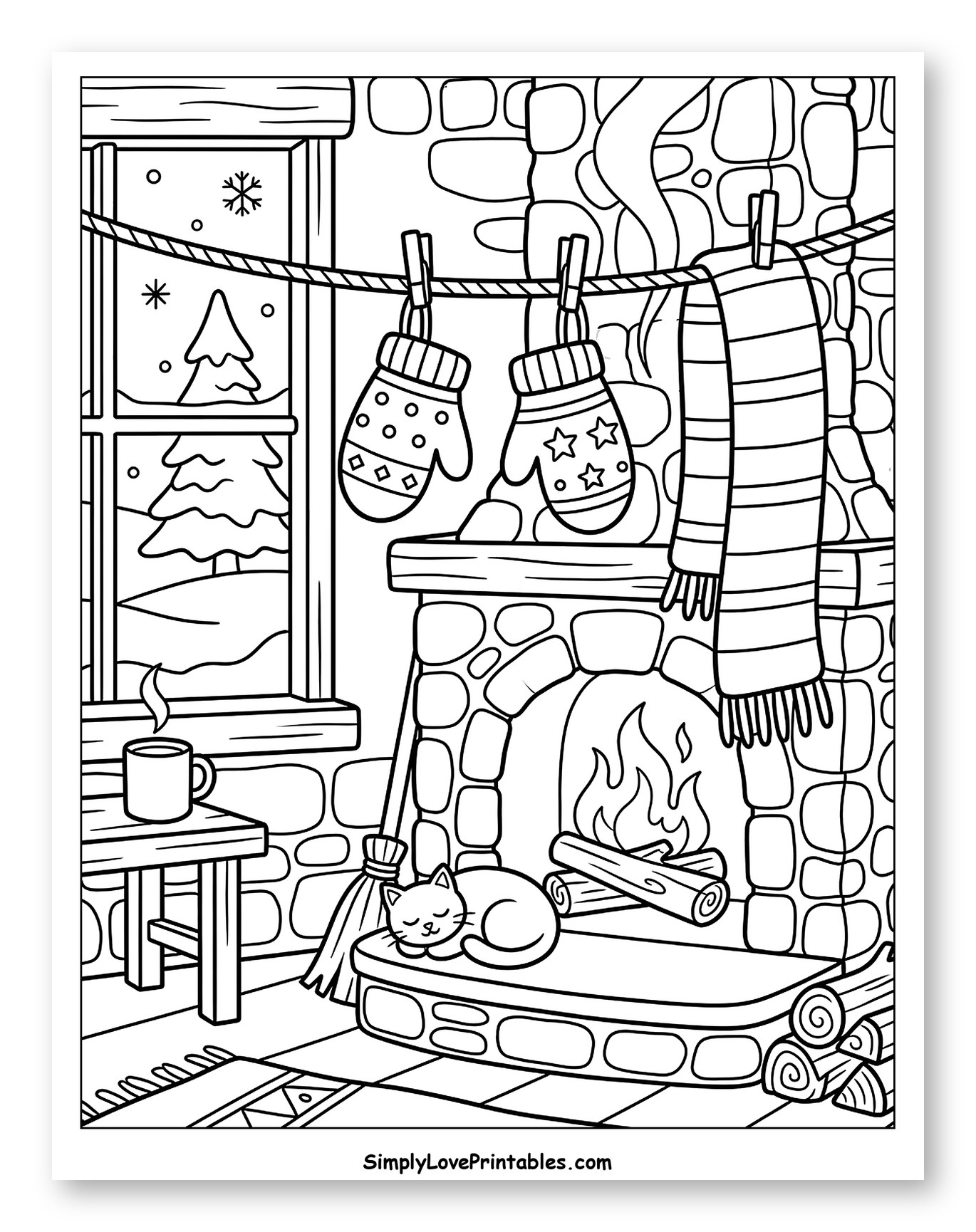 Cozy Winter Fireplace with Mittens and Scarf