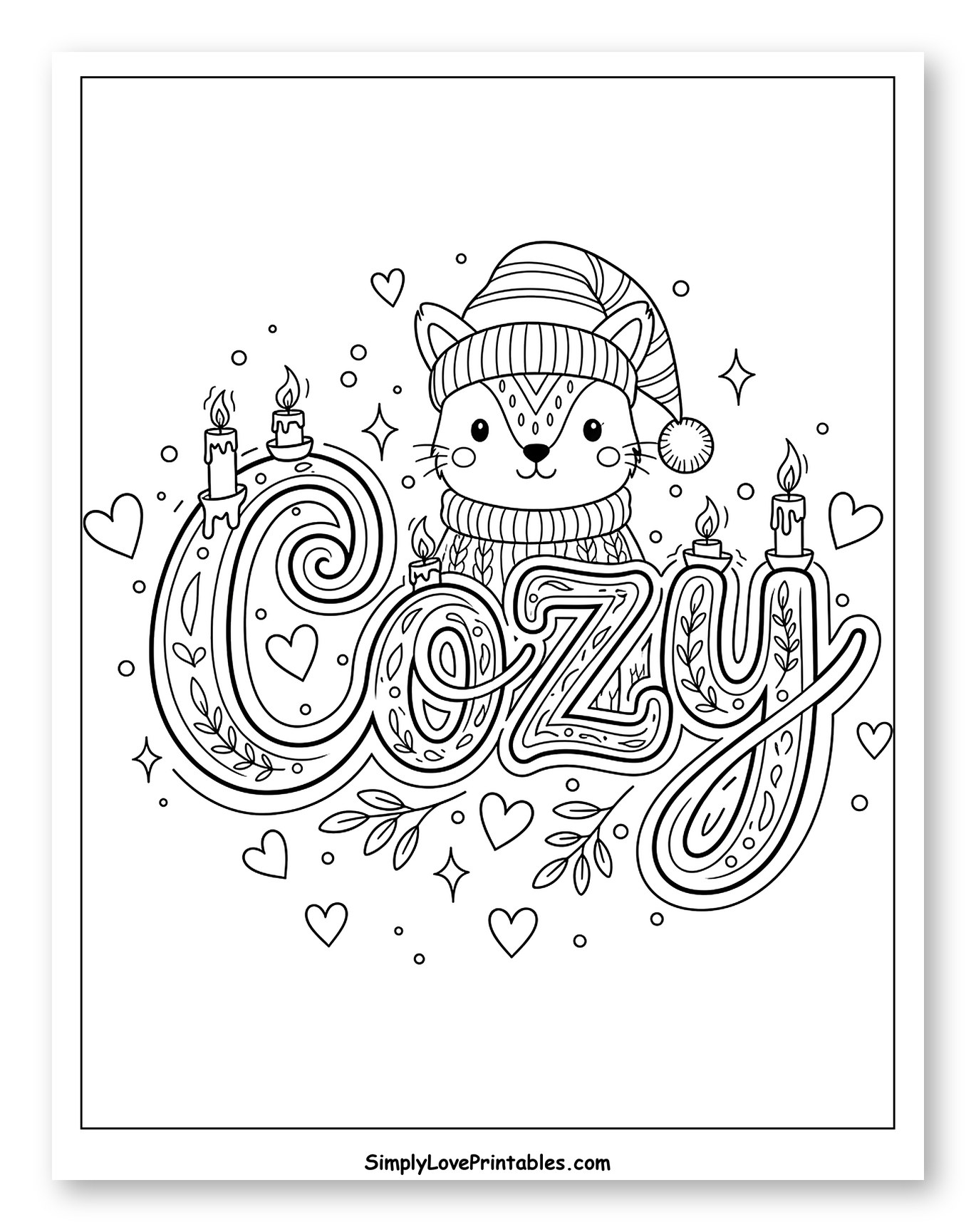Cozy Winter Fox with Candles and Hearts