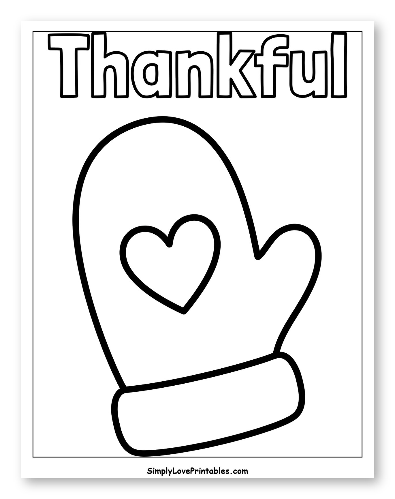 Cozy Winter Mitten with Heart and Thankful Text Coloring Page for Toddlers