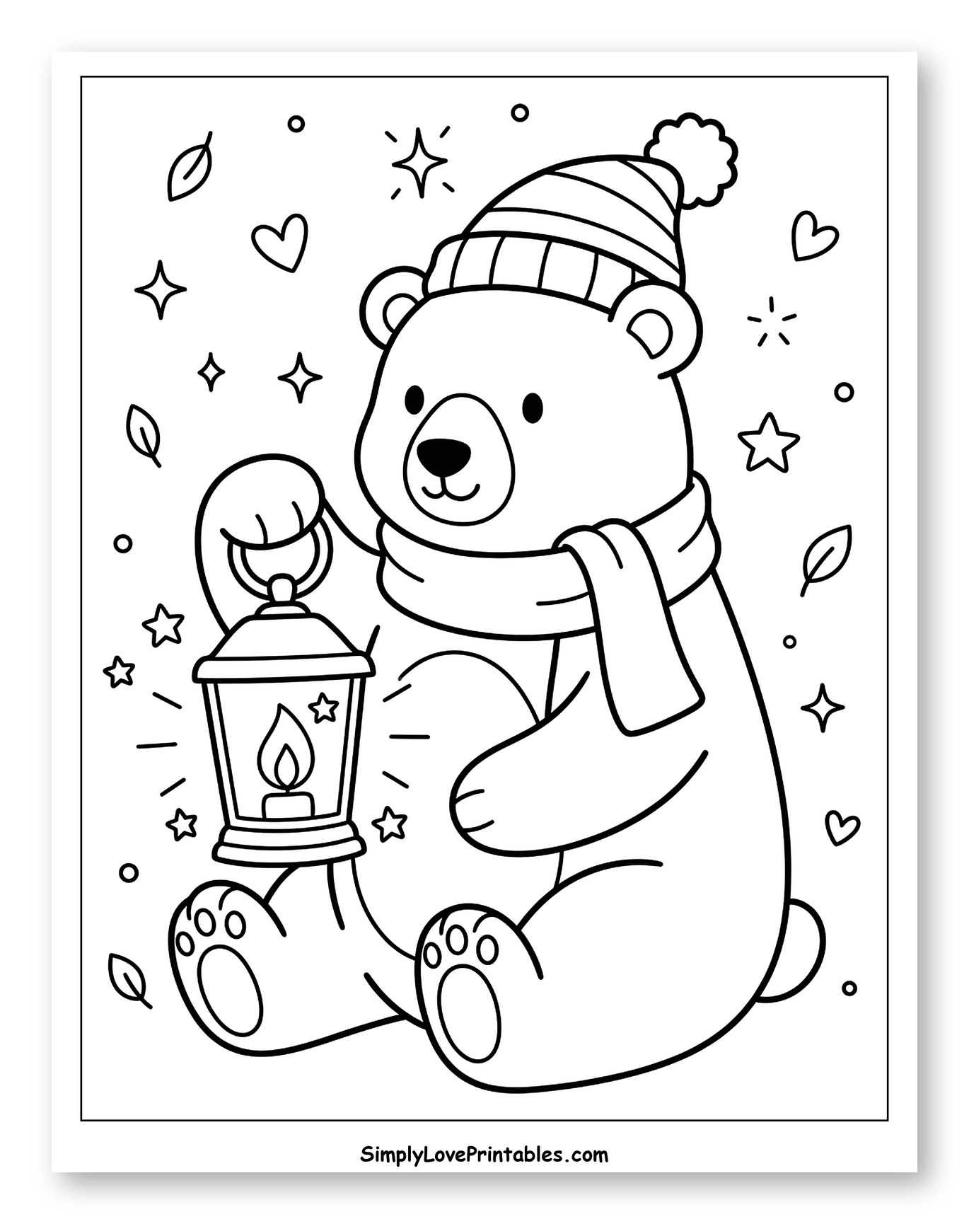 Cozy Winter Polar Bear Holding a Lantern Coloring Page for Adults