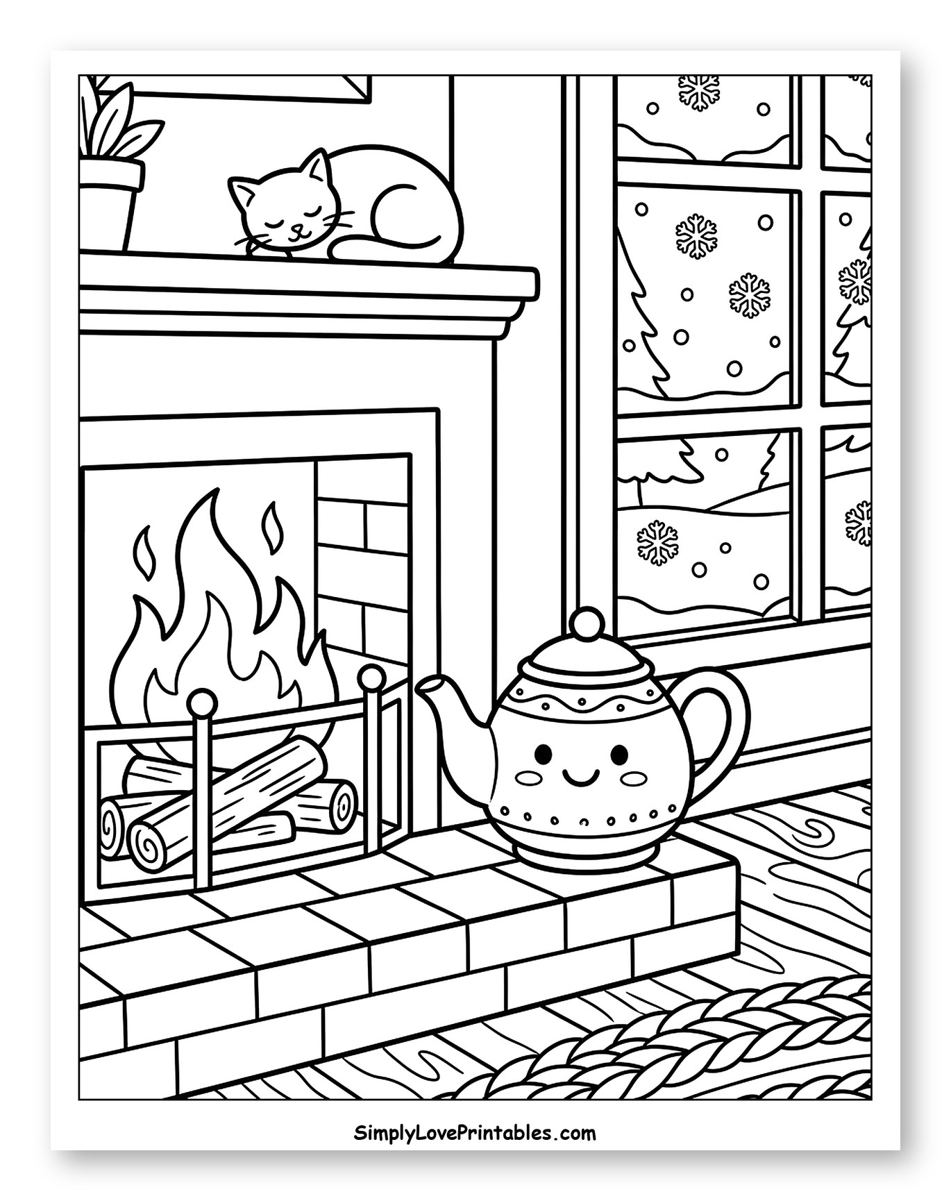 Cozy Winter Scene with Sleeping Cat and Teapot Coloring Sheet for Kids