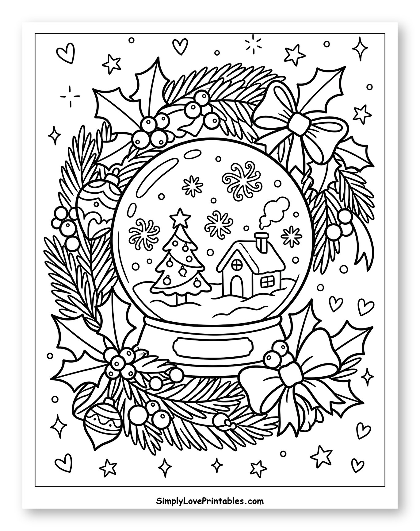 Cozy Winter Snow Globe with Holiday Wreath Coloring Page for Adults