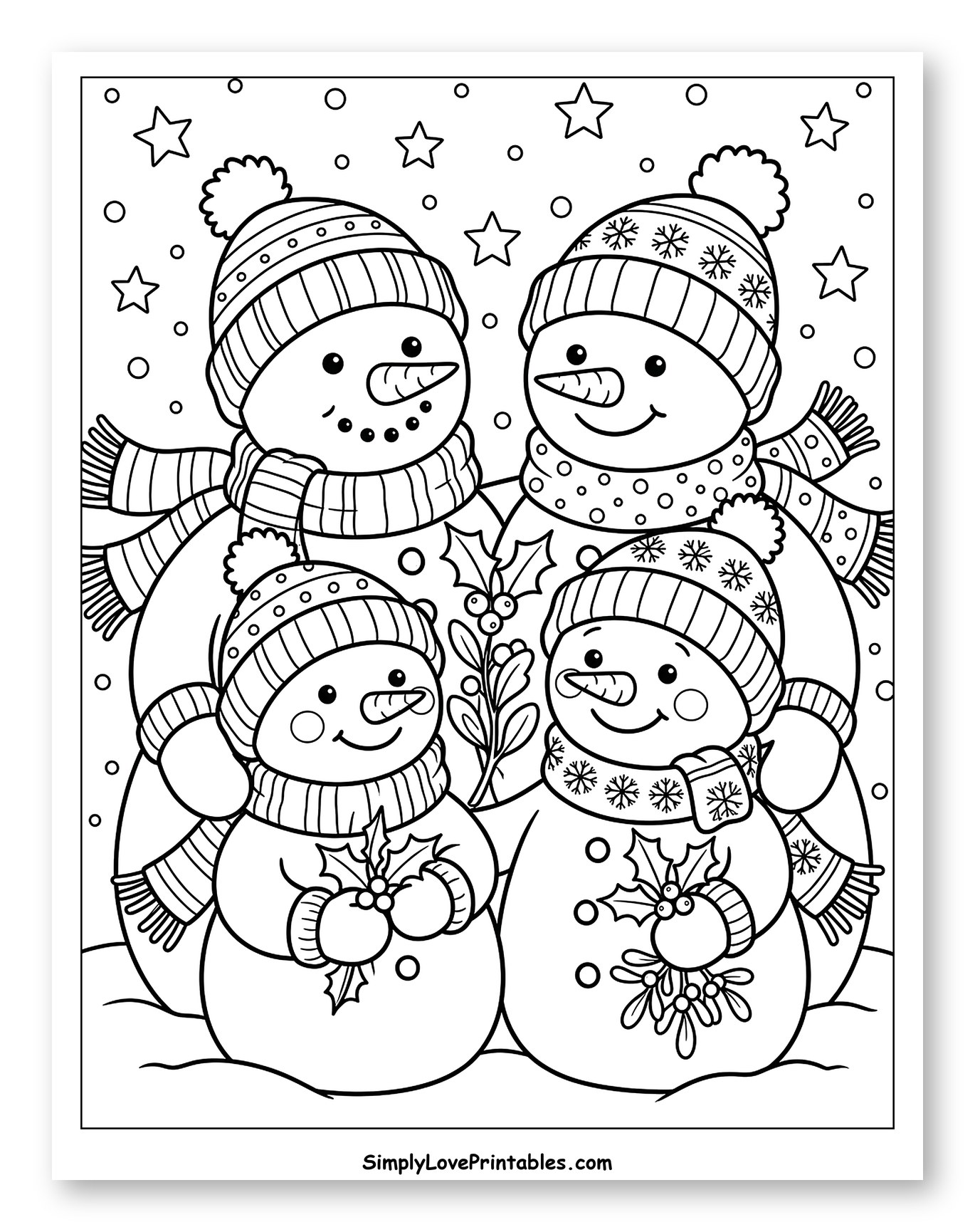 Cozy Winter Snowman Family Wearing Hats and Scarves to Color for Kids