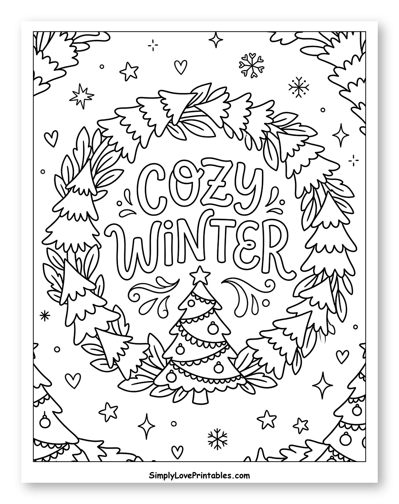 Cozy Winter Wreath with Christmas Tree to Color for Adults