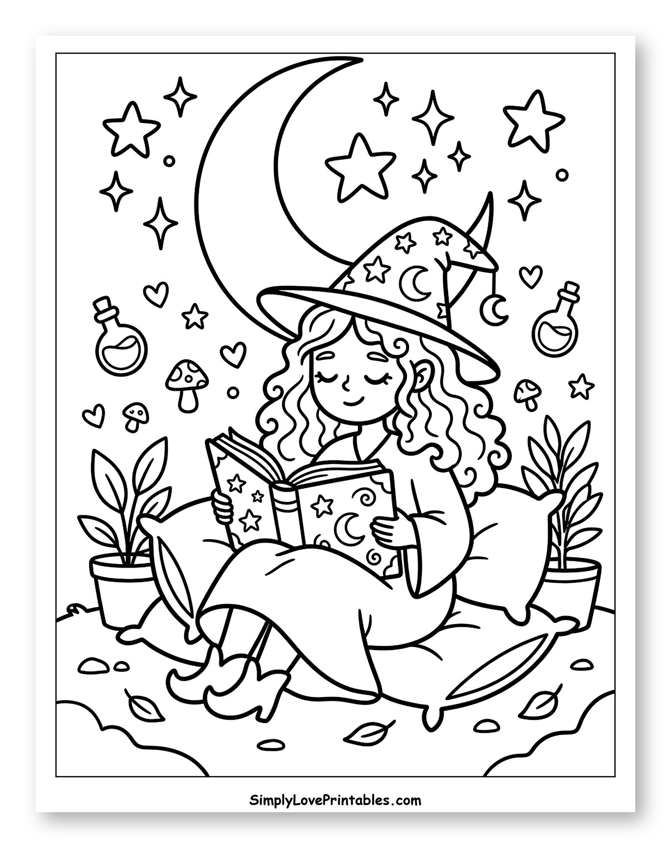Cozy Witch Reading Under a Crescent Moon Coloring Page for Adults