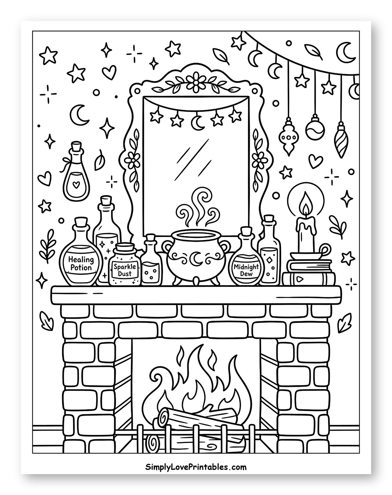 Cozy Witch's Hearth with Potion Bottles