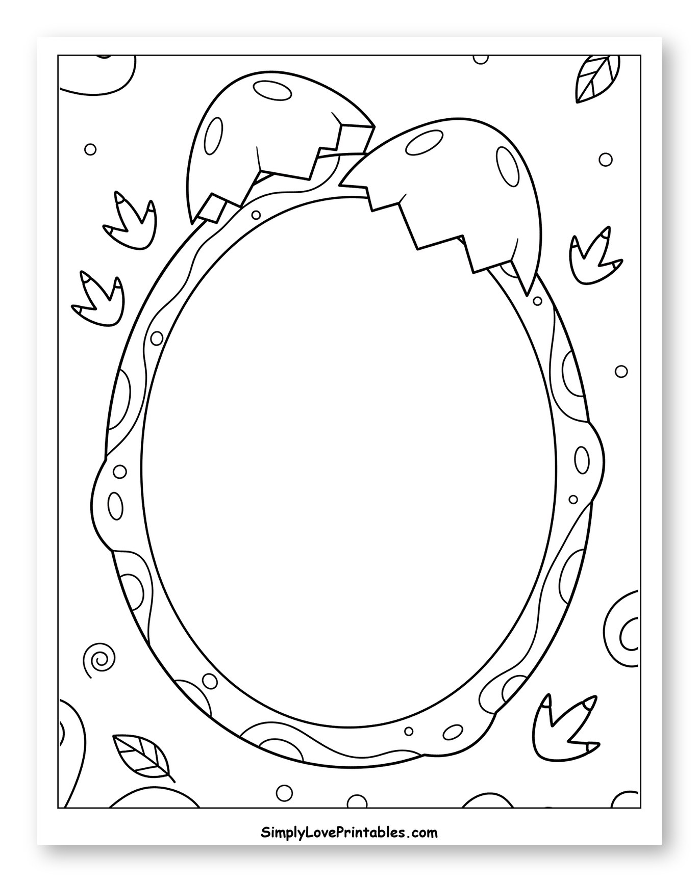 Cracked Dinosaur Egg Frame with Footprints Coloring Page for Kids