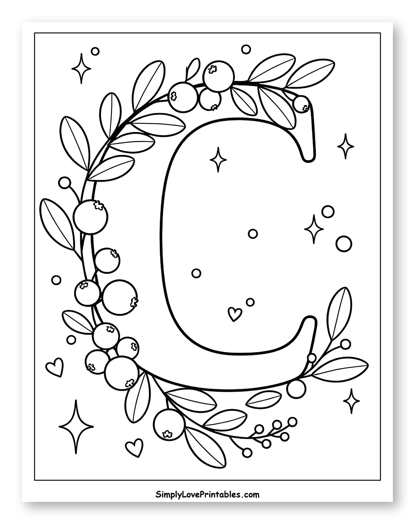 Cranberry Adorned Letter C with Stars Coloring Sheet for Adults
