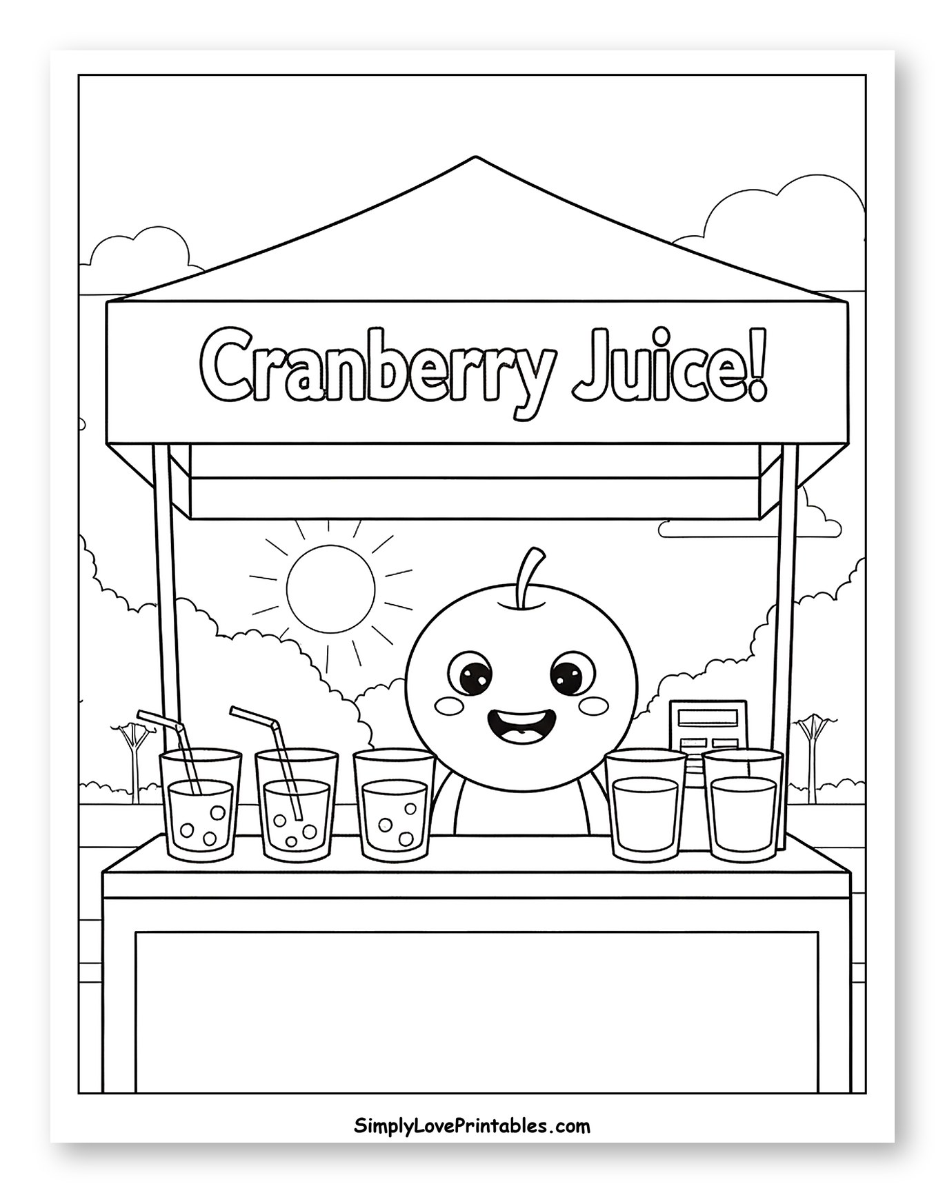 Cranberry Character Serving Juice at a Stand Coloring Page for Kids