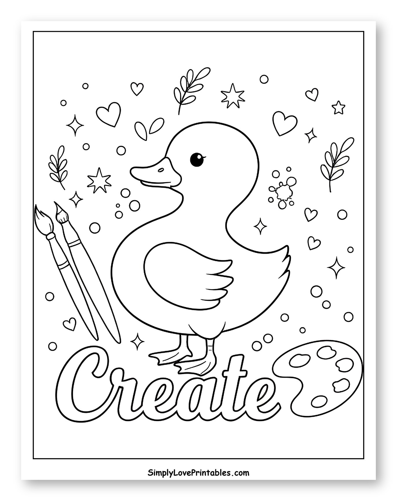 Creative Duckling with Art Supplies and 'Create' Coloring Sheet for Adults