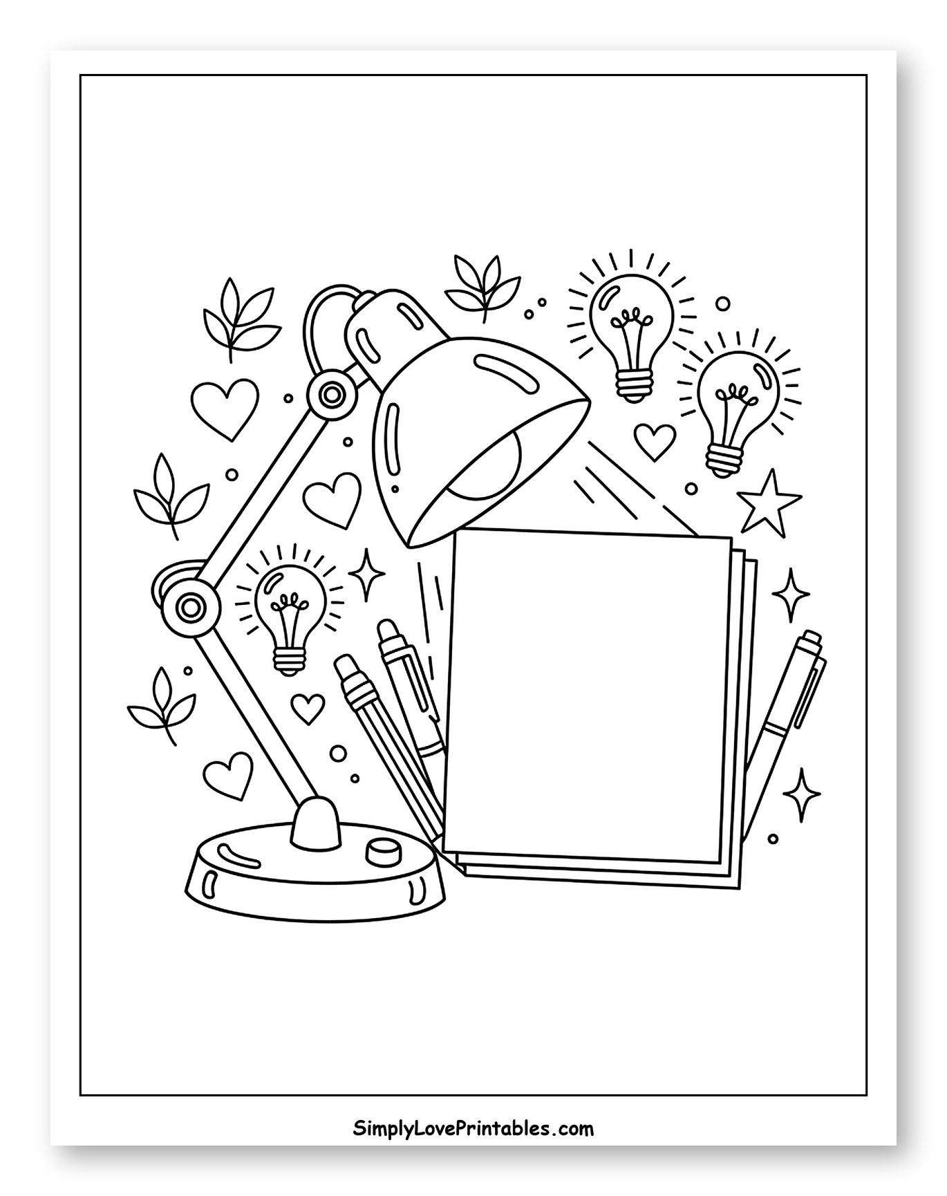 Creative Workspace with Desk Lamp and Lightbulbs Coloring Sheet for Adults