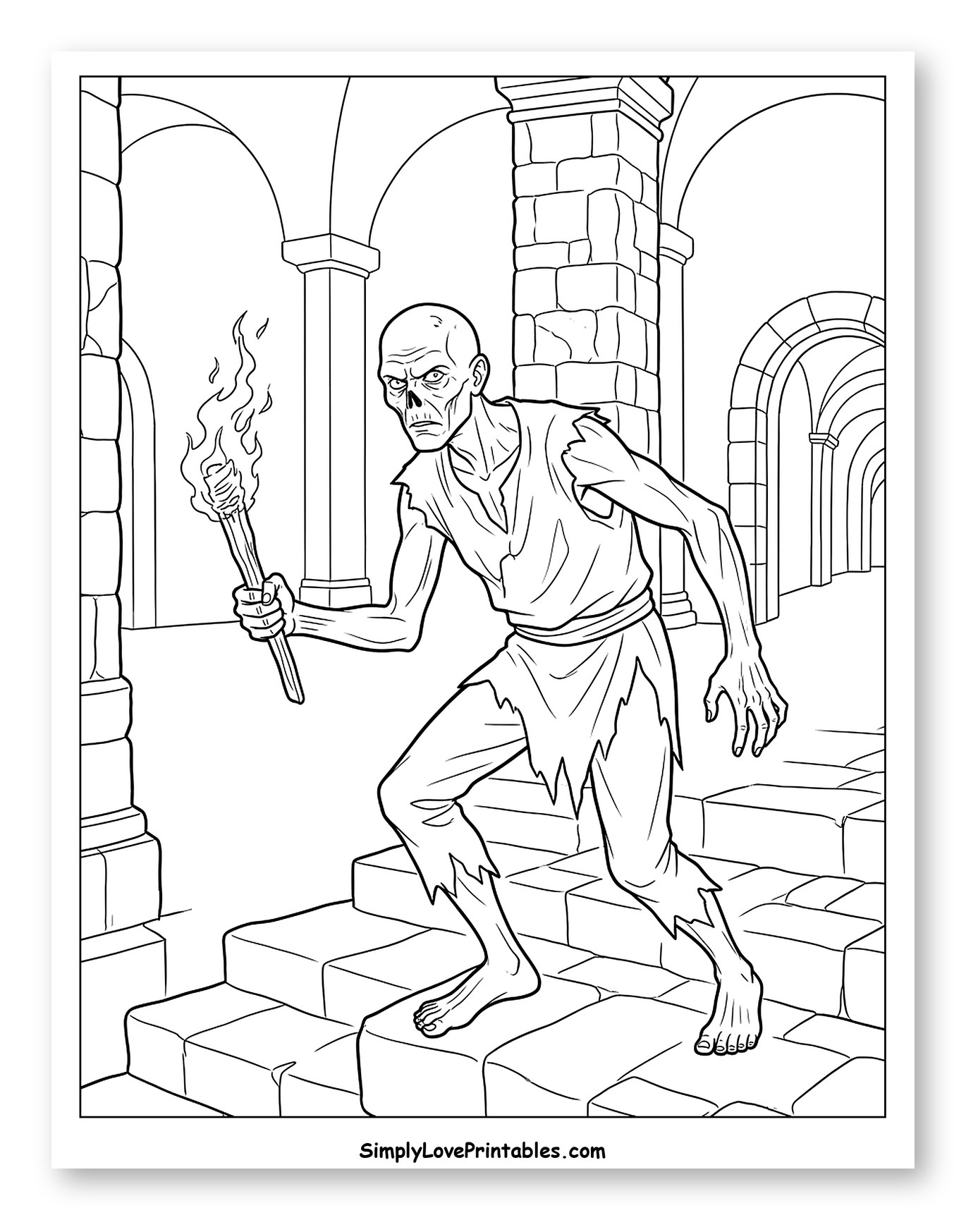 Creepy Ghoul Holding Torch in Dungeon Steps Coloring Page