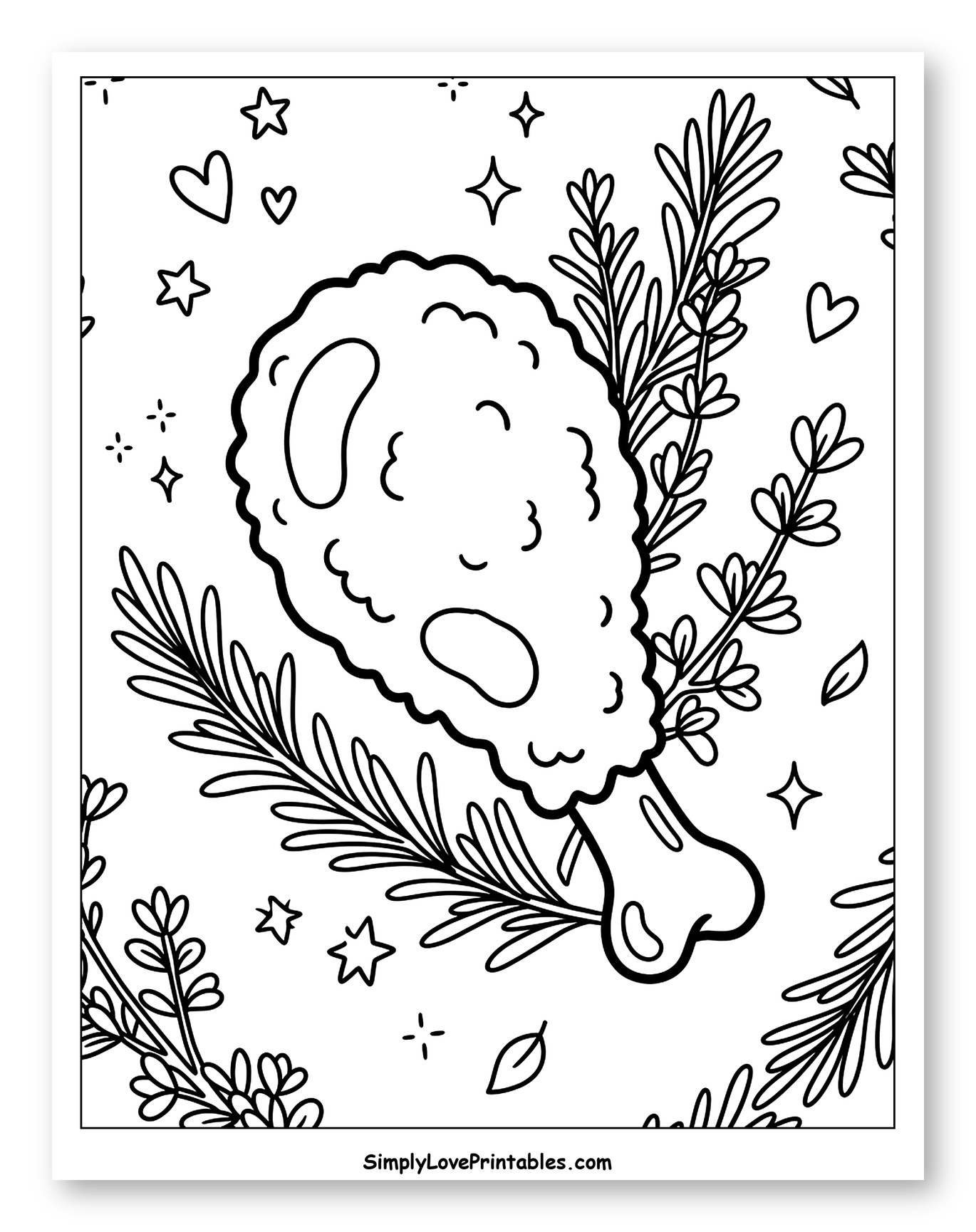 Crispy Fried Chicken Surrounded by Botanicals Coloring Sheet for Adults