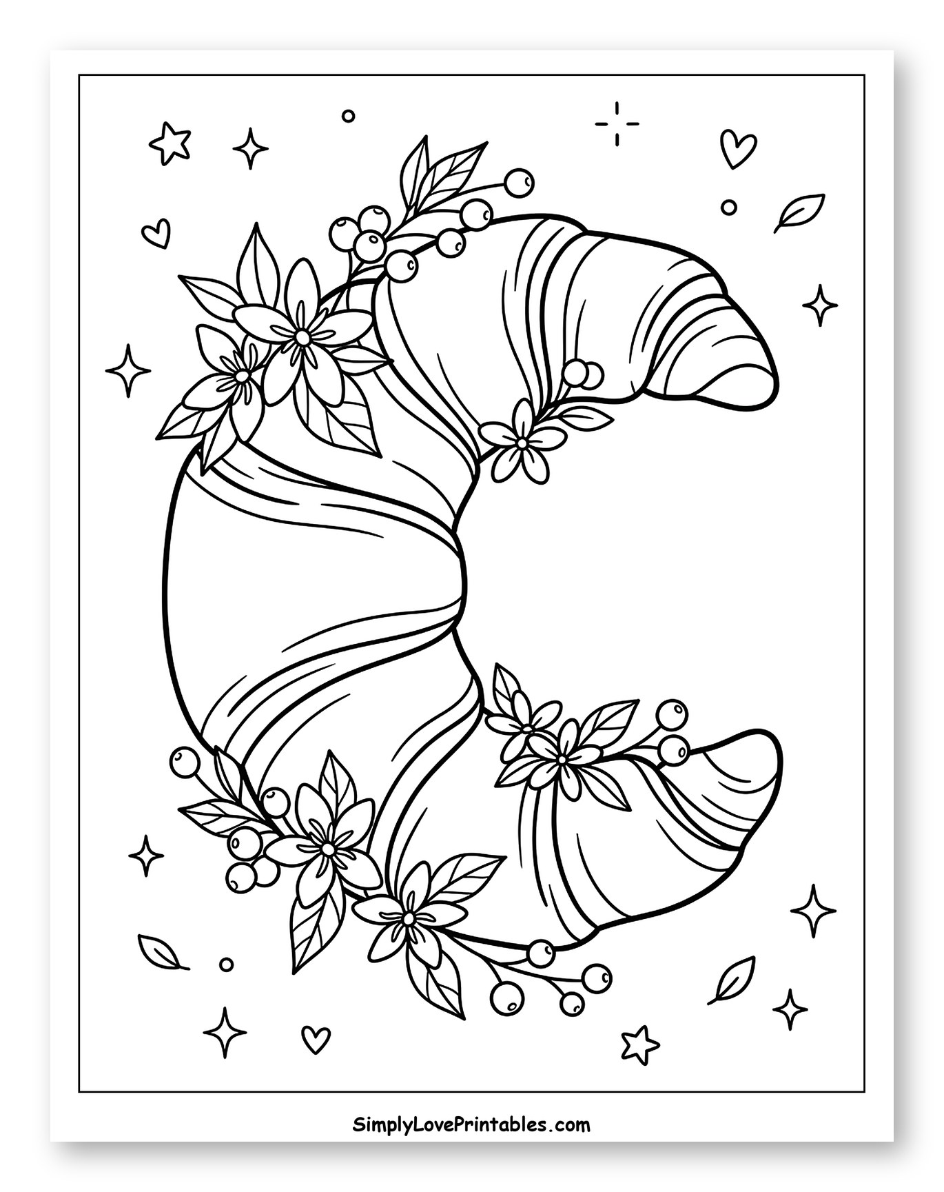 Croissant Adorned with Flowers and Berries Coloring Sheet for Adults
