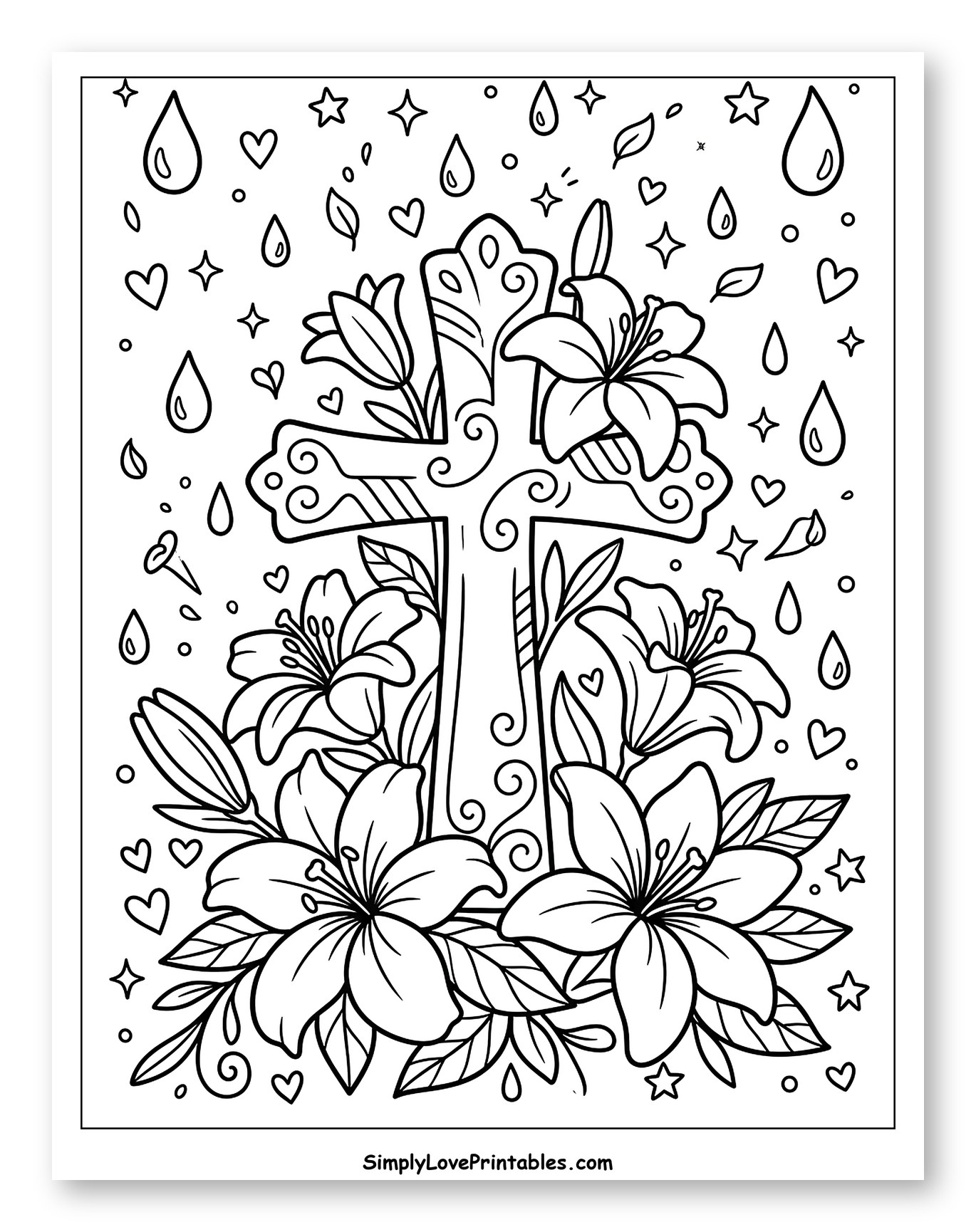 Cross Adorned with Lilies and Teardrops Coloring Page for Adults