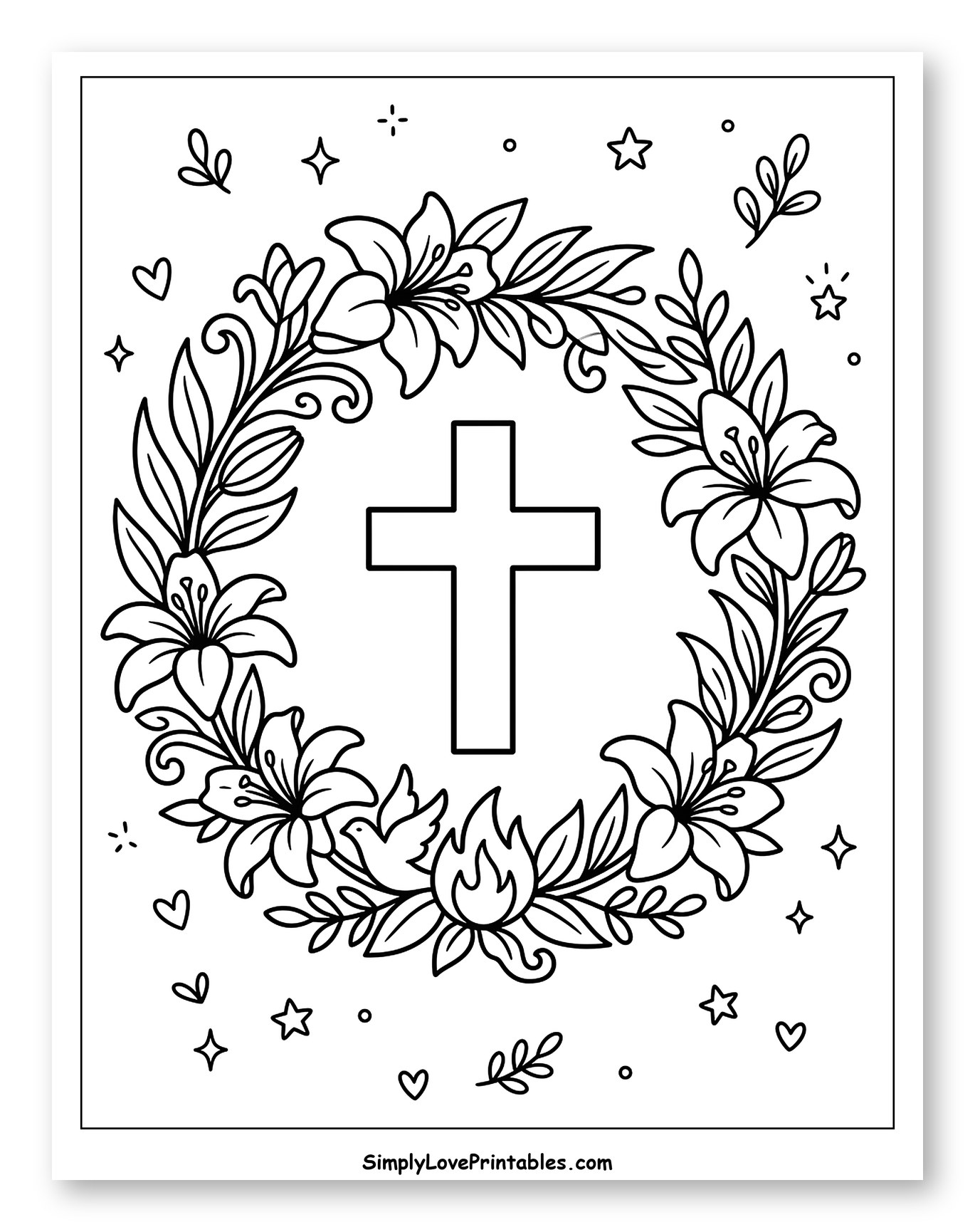 Cross and Lilies Wreath with Dove and Flame Coloring Sheet for Adults