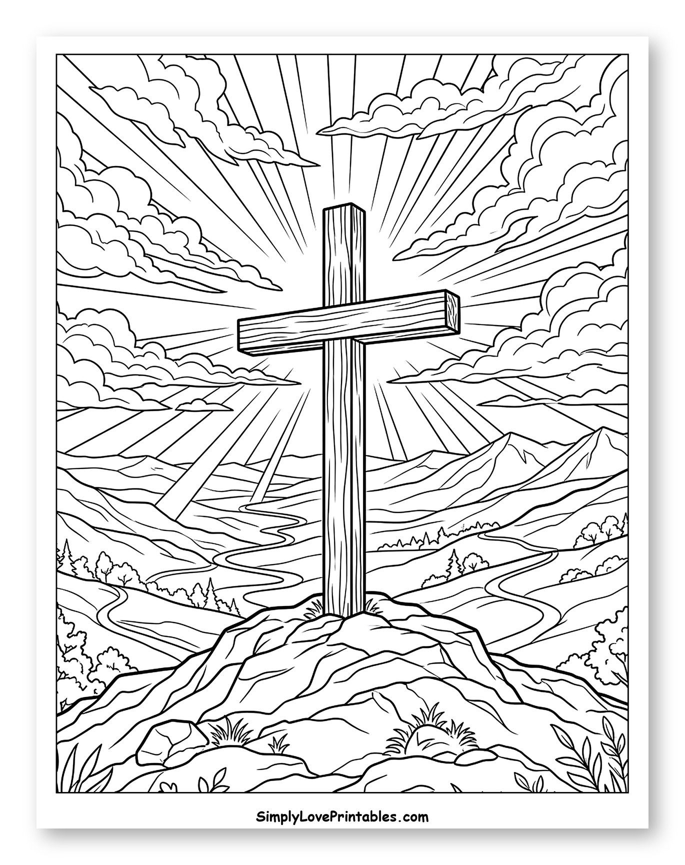 Cross on a Hill with Sun Rays Coloring Page