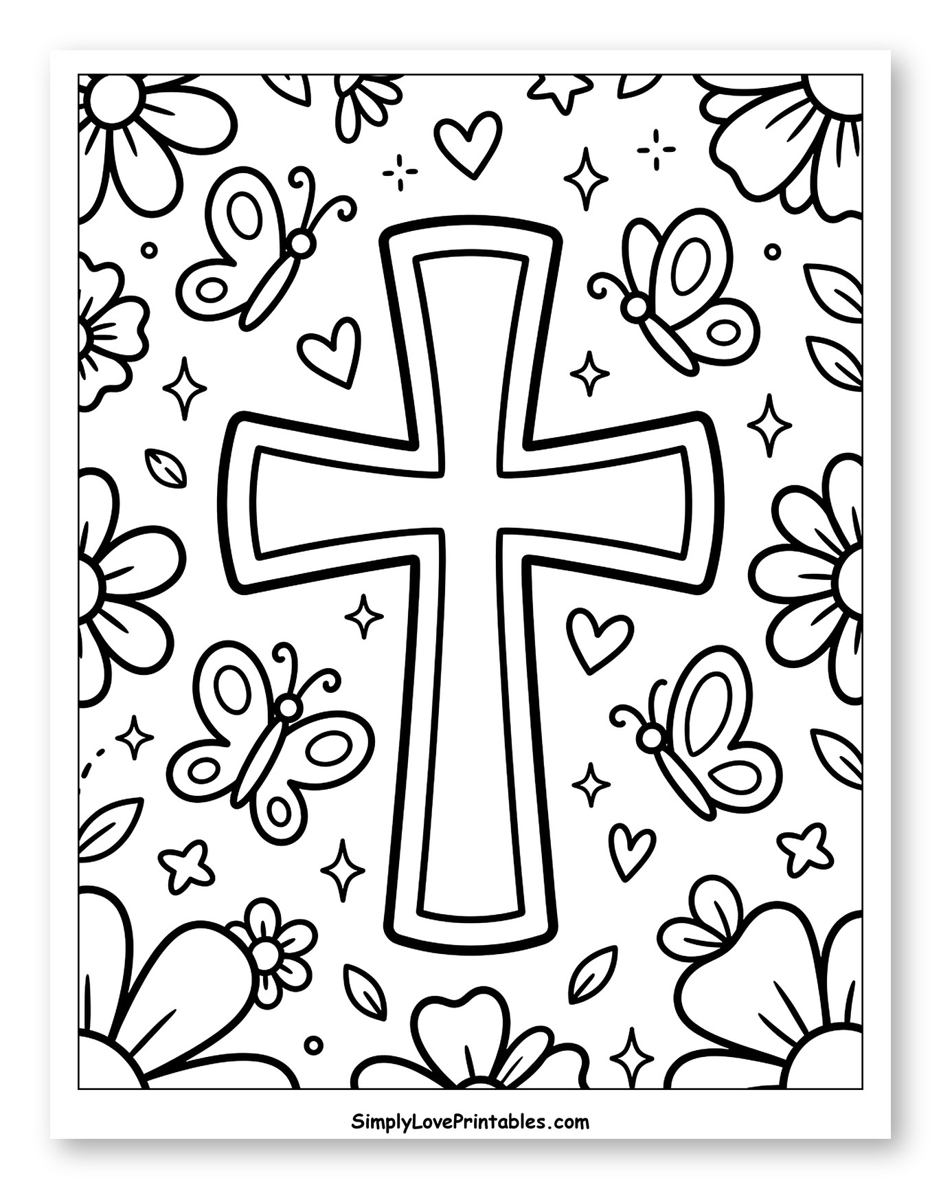 Cross with Butterflies, Flowers, Hearts, and Stars to Color for Adults