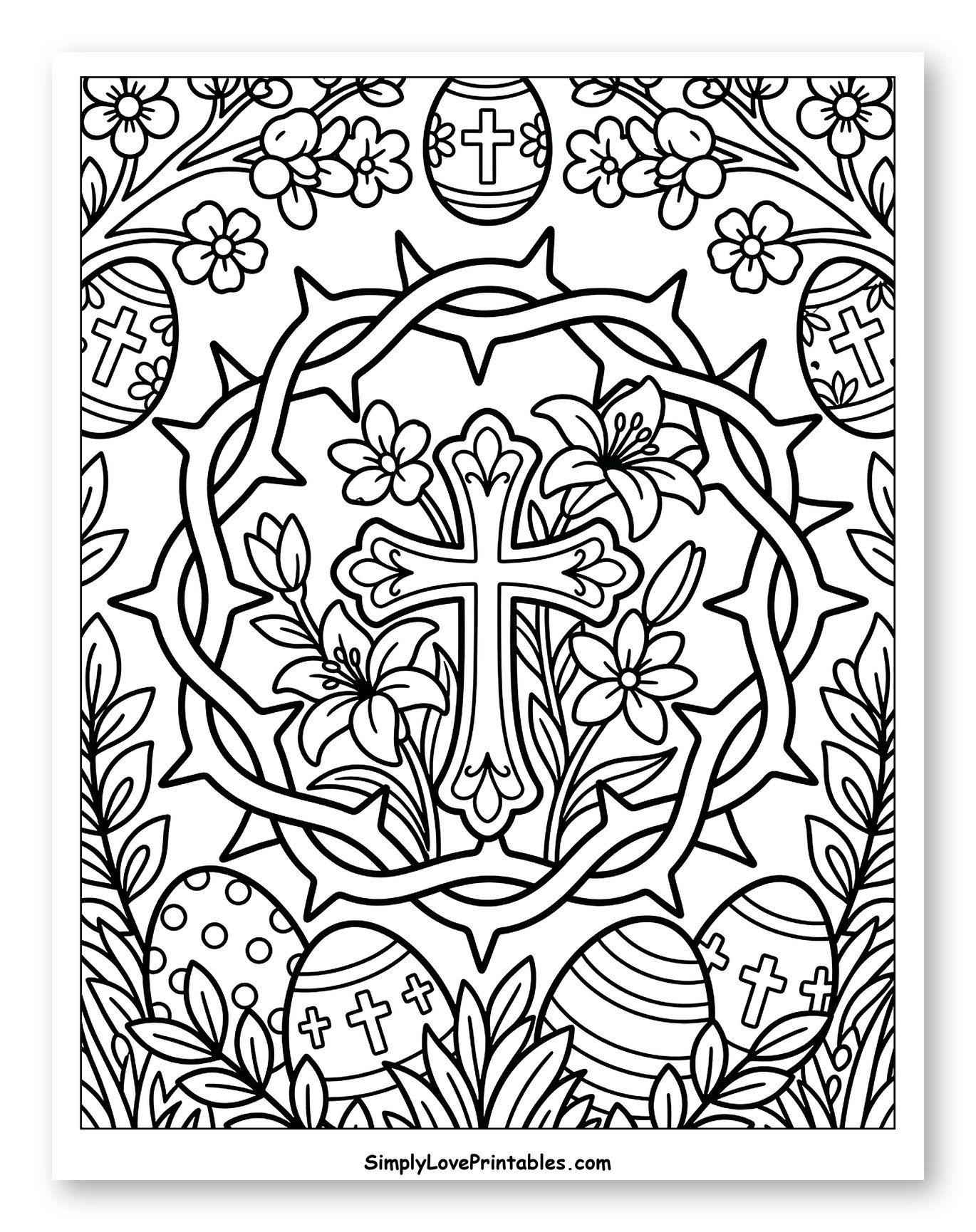 Cross with Lilies, Crown of Thorns, and Easter Eggs