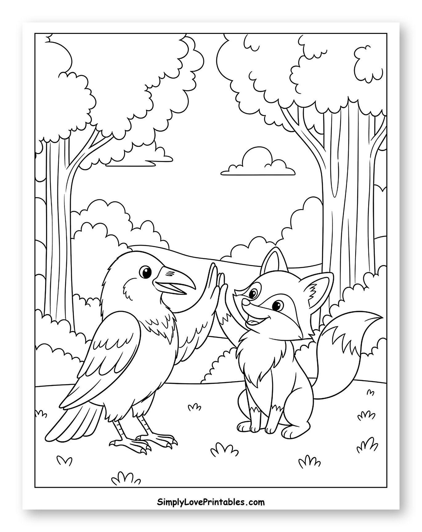 Crow and Fox High-Fiving in the Forest Coloring Sheet for Kids