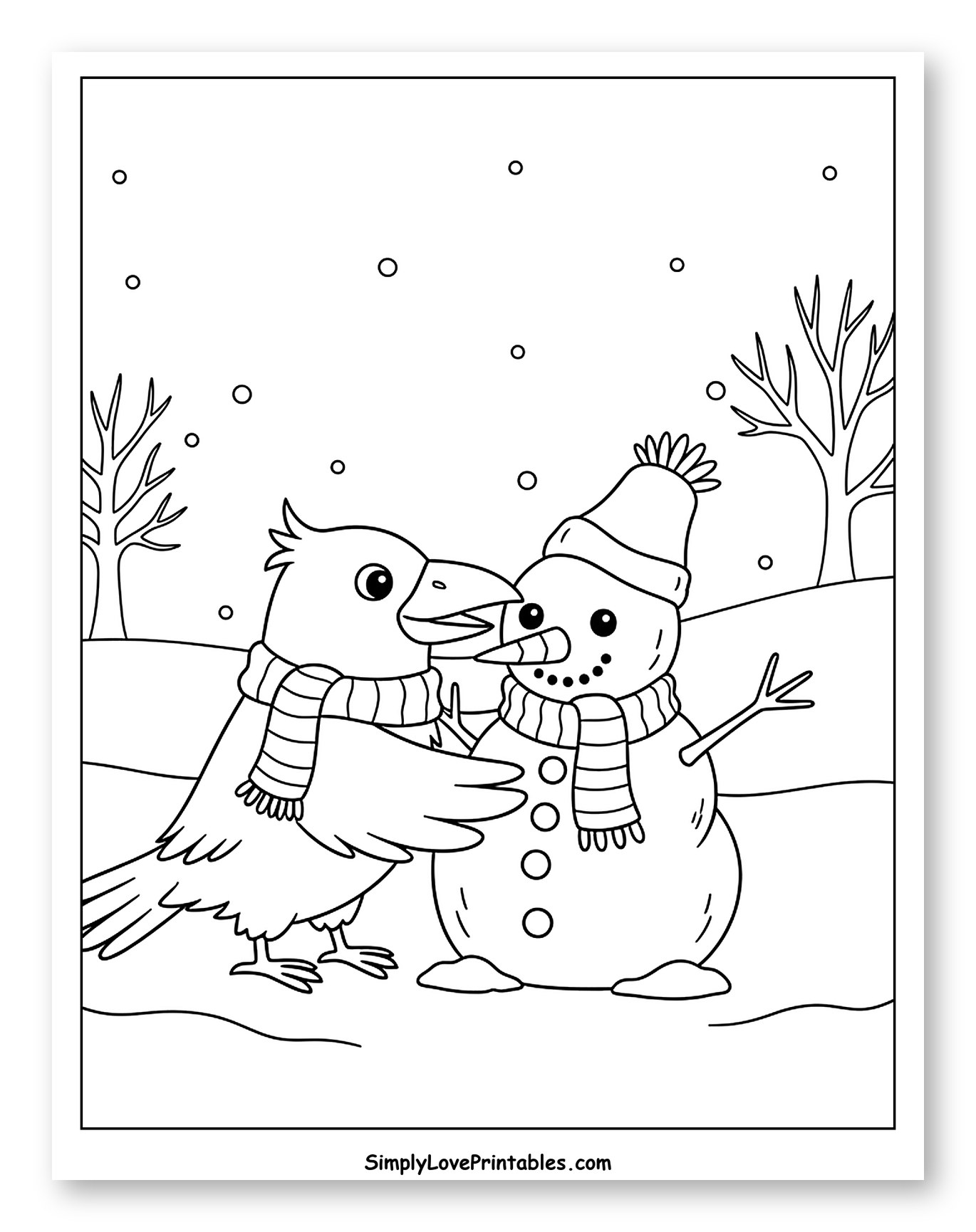 Crow and Snowman Embracing in Snow Coloring Sheet for Kids