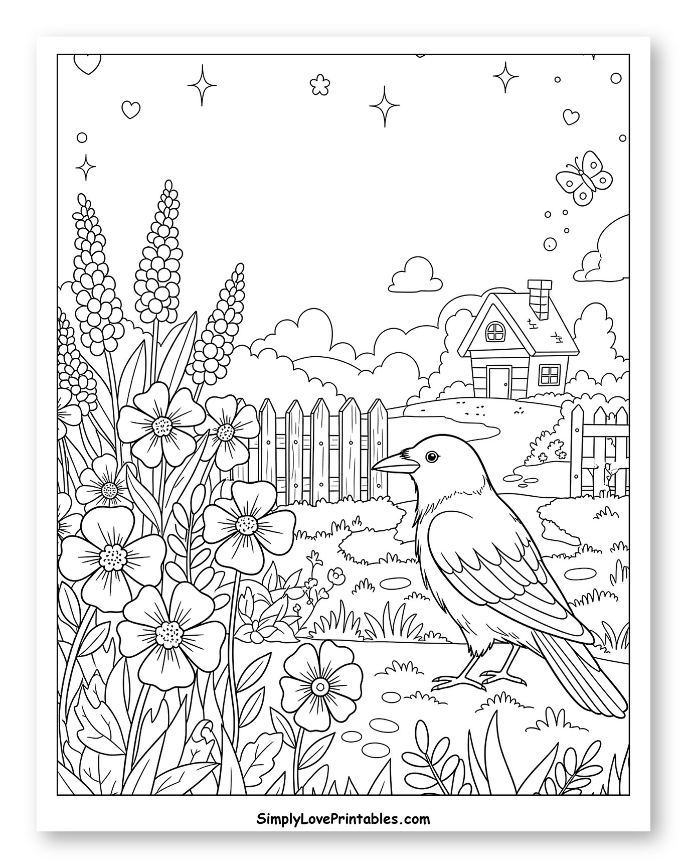 Crow by a Fence in a Flowery Garden