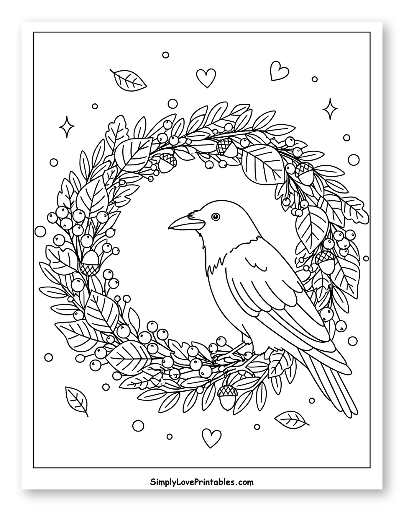 Crow in a Botanical Wreath with Berries Coloring Sheet for Adults