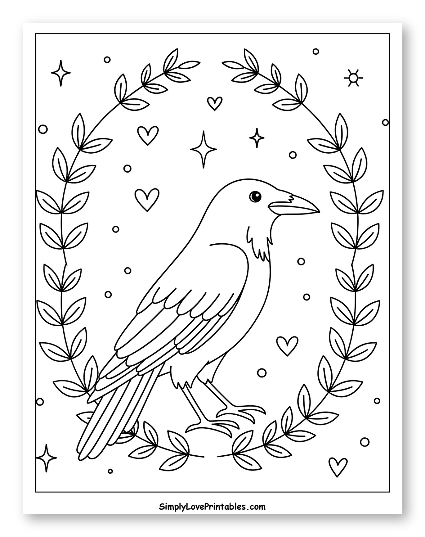 Crow in a Leafy Wreath with Stars Coloring Sheet for Adults