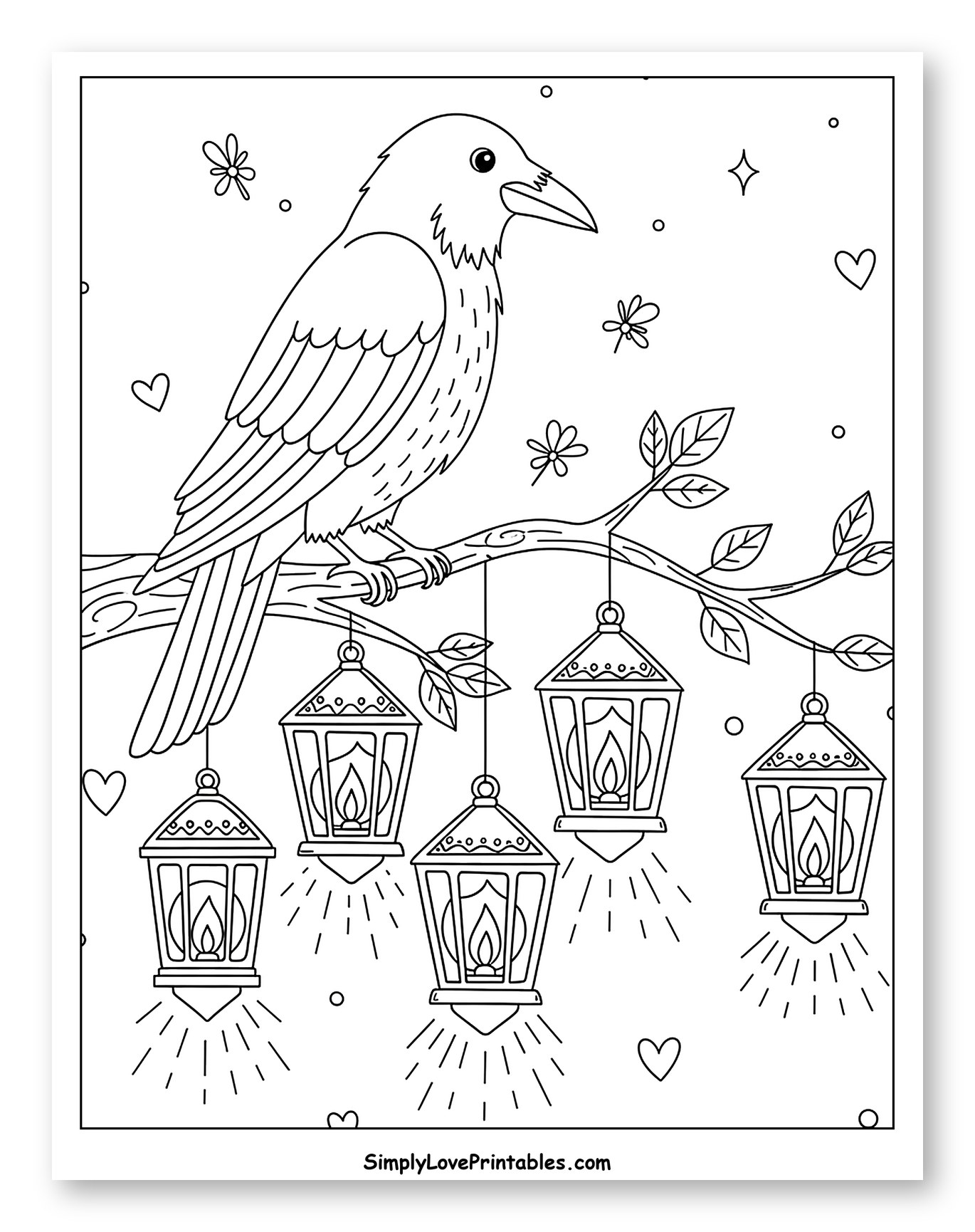 Crow Perched on Branch with Lit Lanterns Coloring Sheet for Adults