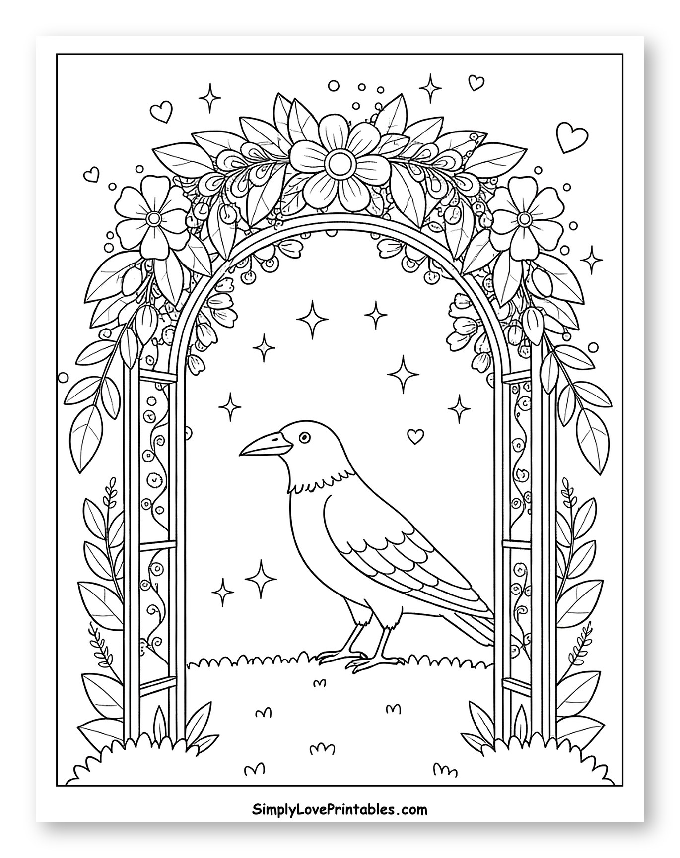 Crow Under a Floral Garden Arch Coloring Sheet for Adults