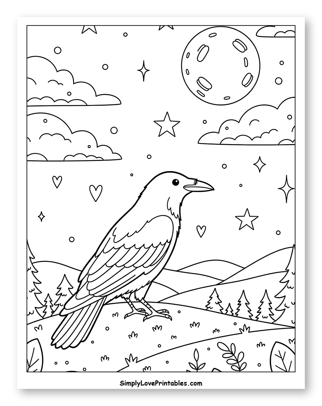 Crow with Moon and Stars in a Mountain Landscape Coloring Page for Adults